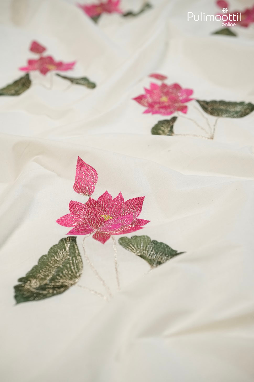 Cream Cotton Fabric with Pink Lotus Design