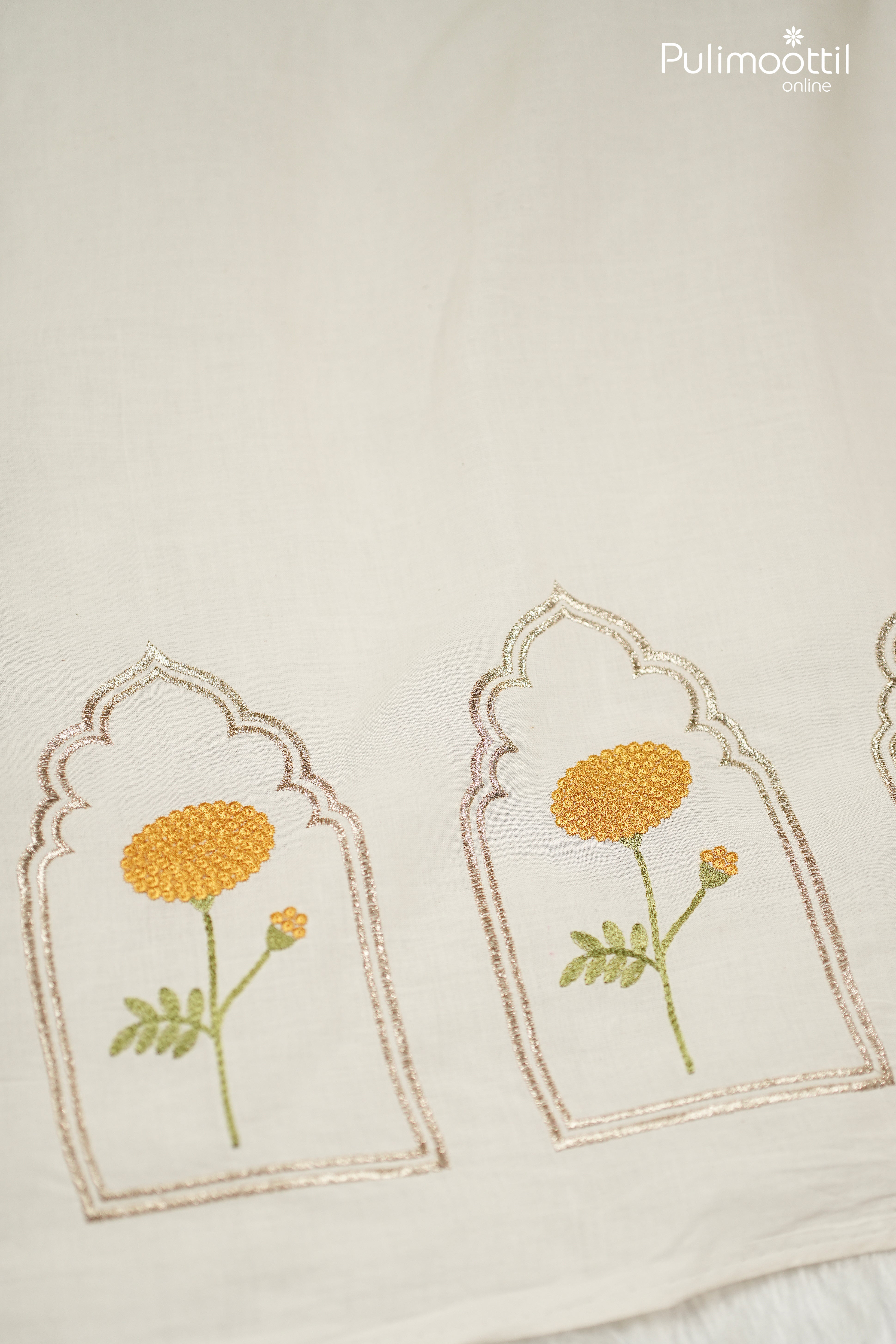 Off-White Kora Cotton Fabric with Yellow Marigold Floral Embroidery