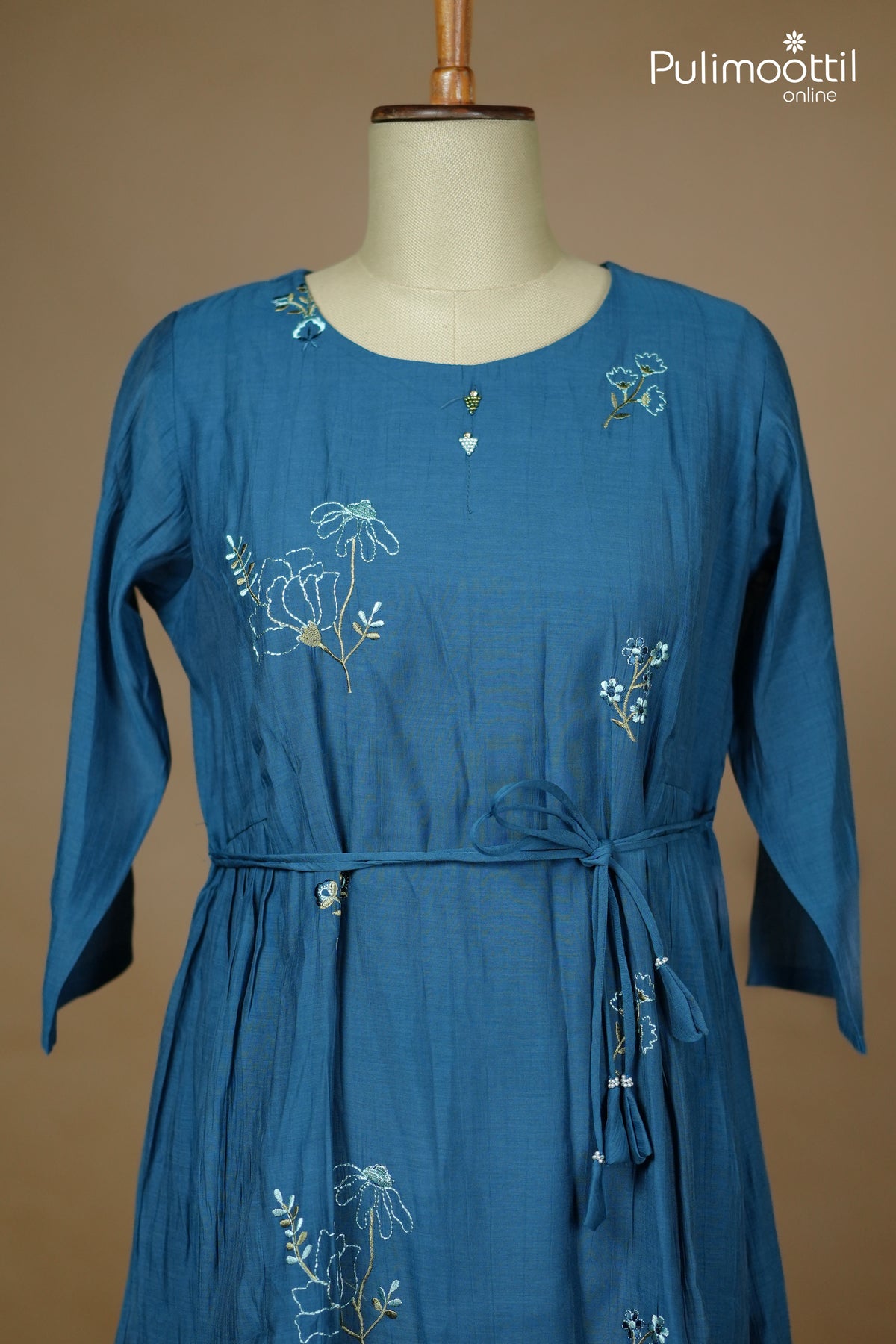 German Blue Colour Blended Chanderi frock