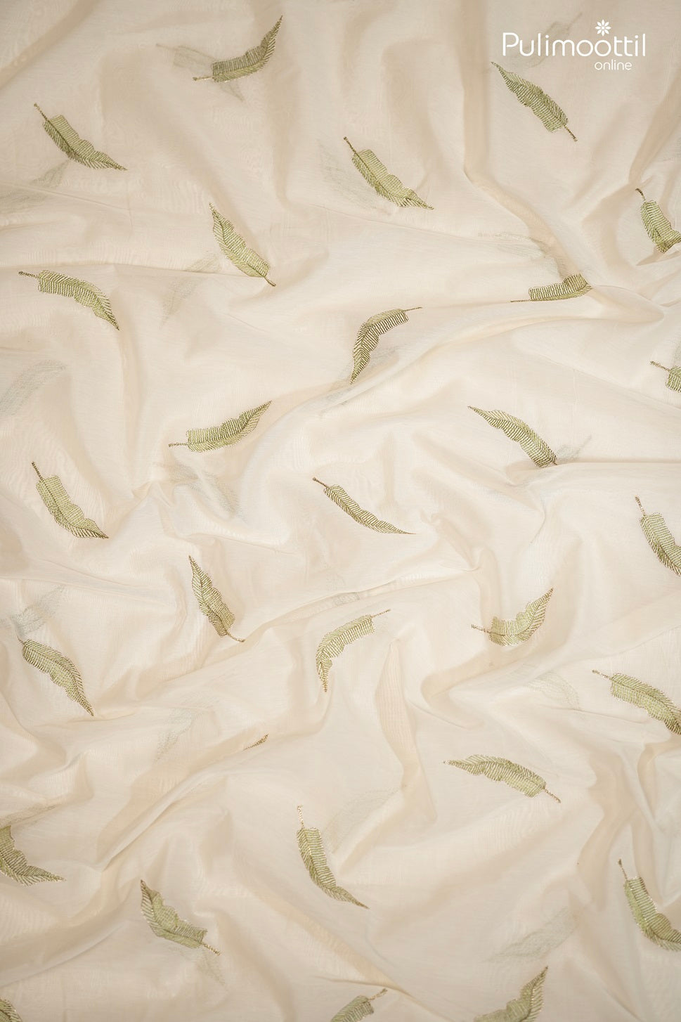 Off-White Semi Chanderi Fabric With Green Leaf Embroidery
