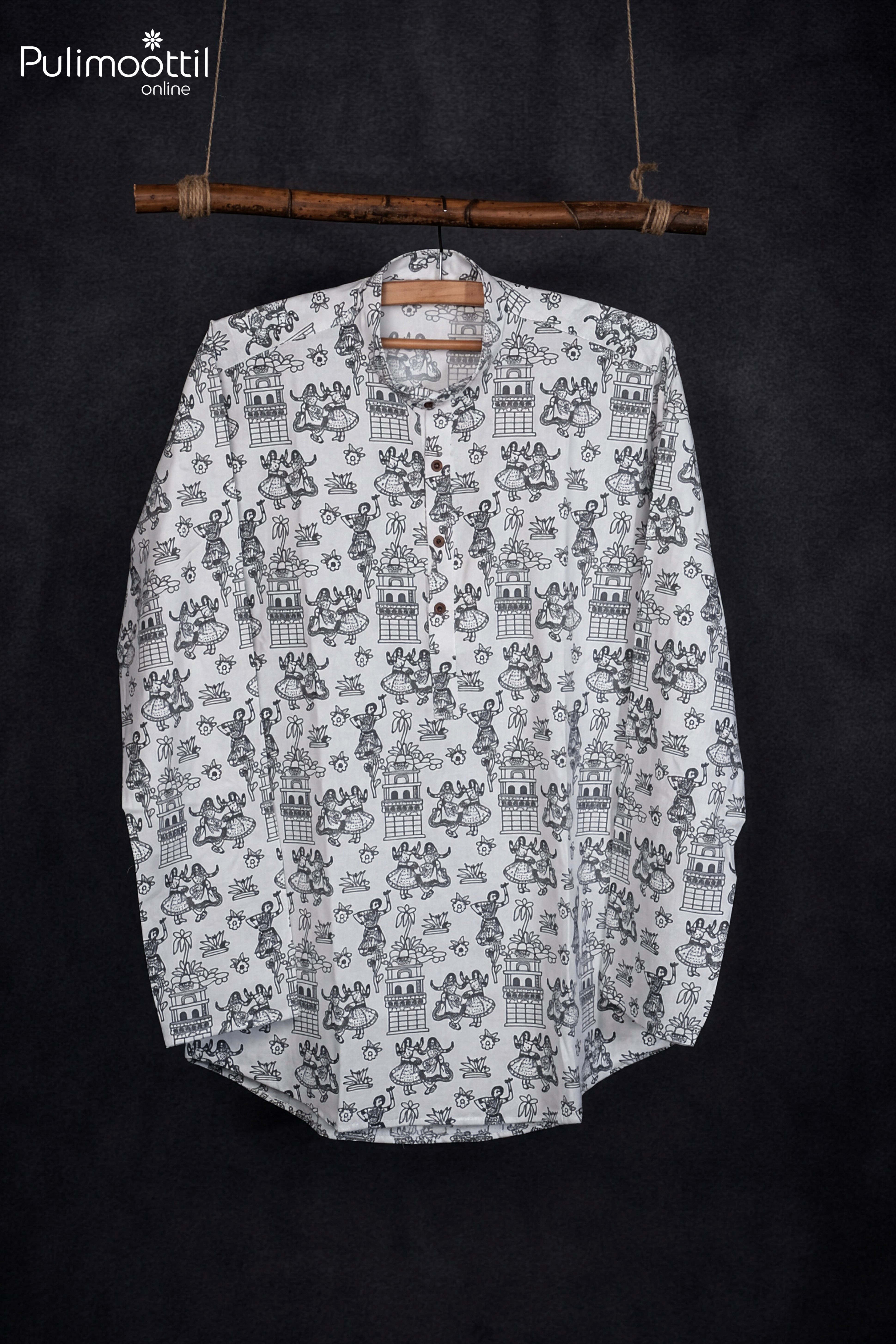 White Color Full Sleeve Mens Kurta With Indian Folk Art Print
