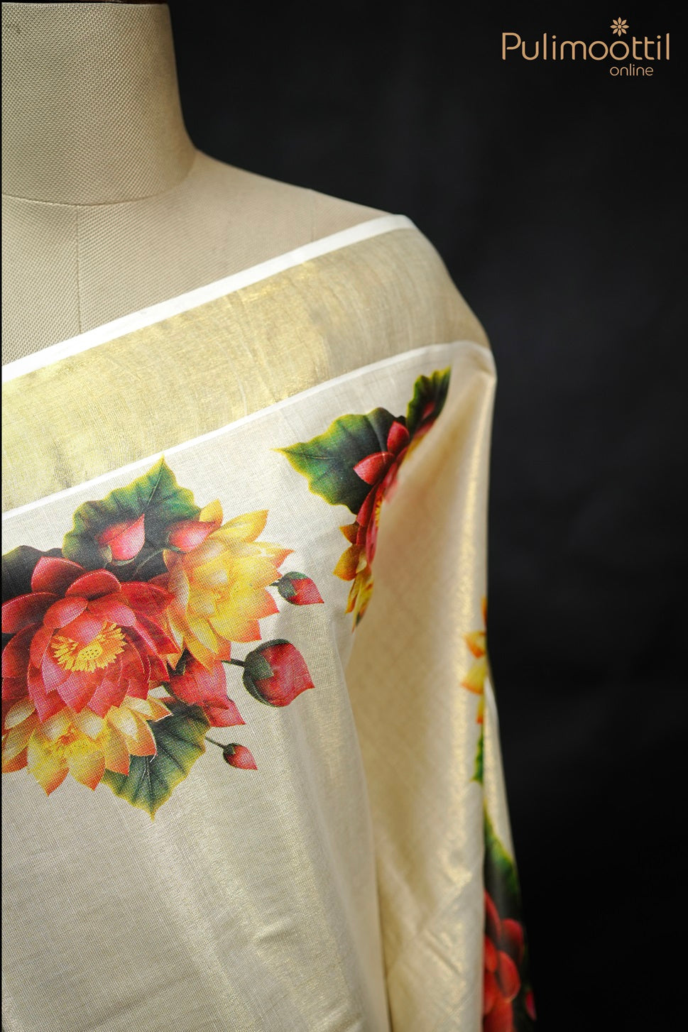 Kerala Golden Tissue Lotus Print Set Saree.