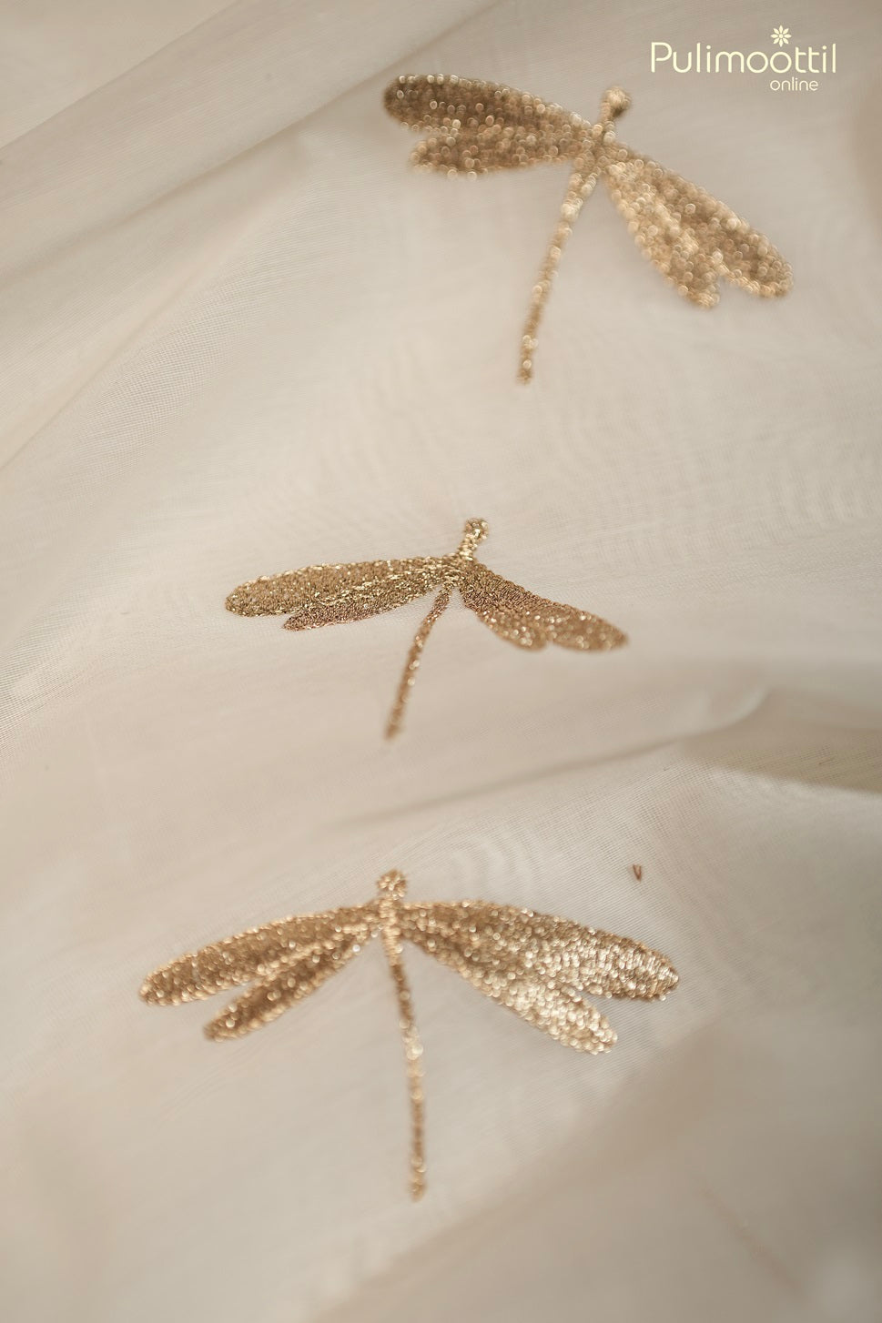 Off-White Semi Chanderi Fabric With Golden Dragonfly Embroidery
