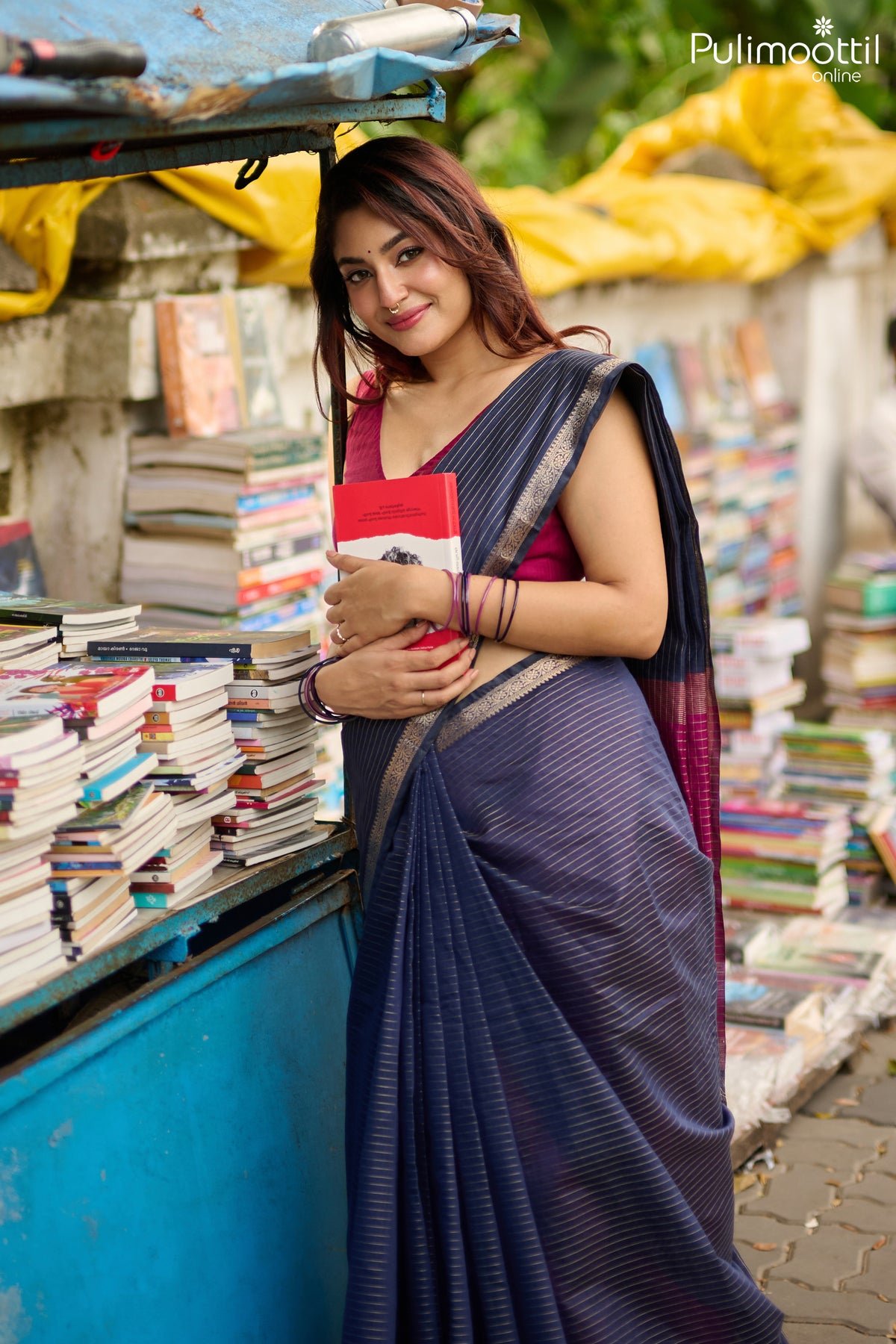Navy Blue Semi Chanderi Saree