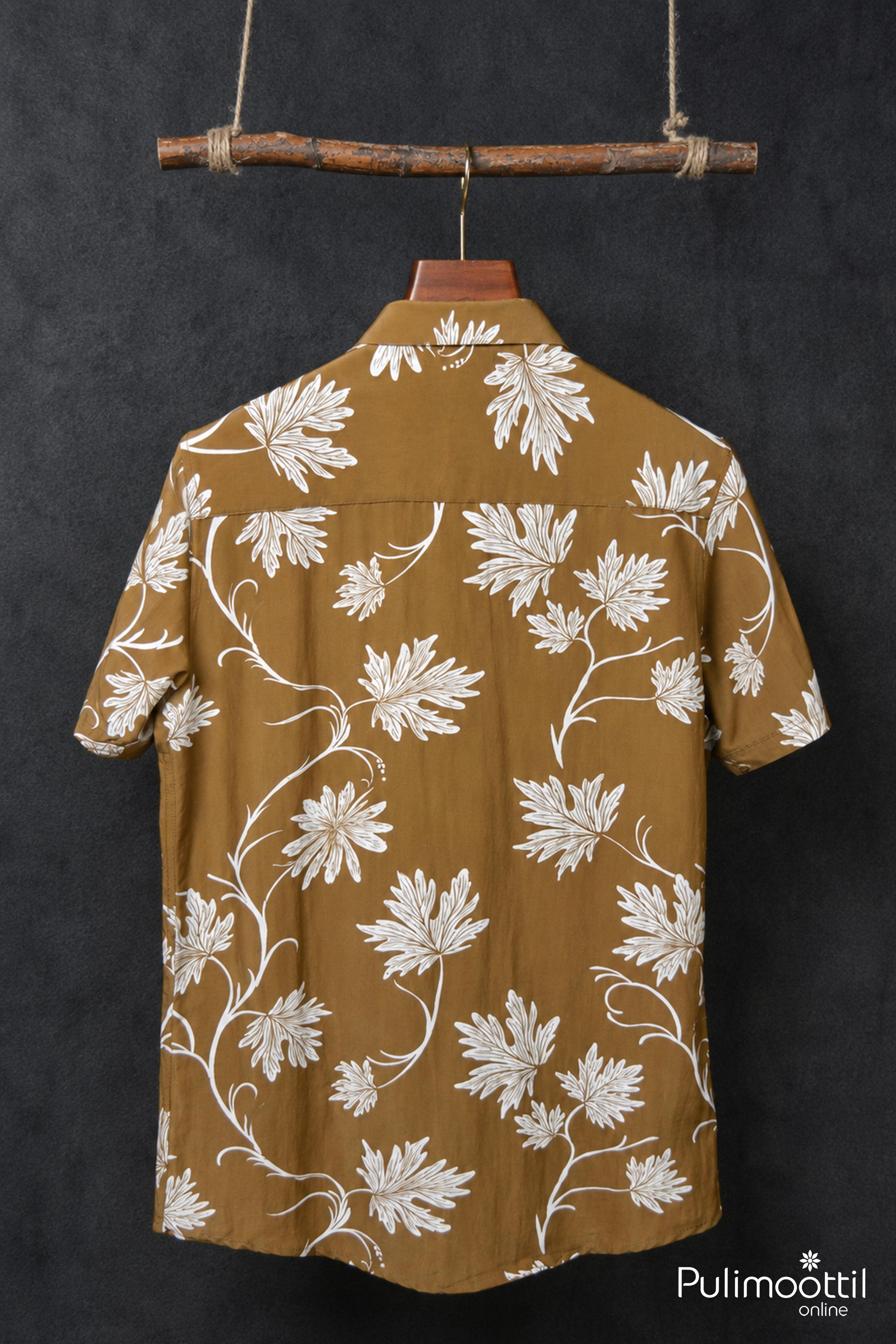 Mustard Brown Fabric Featuring White Botanical Floral Prints