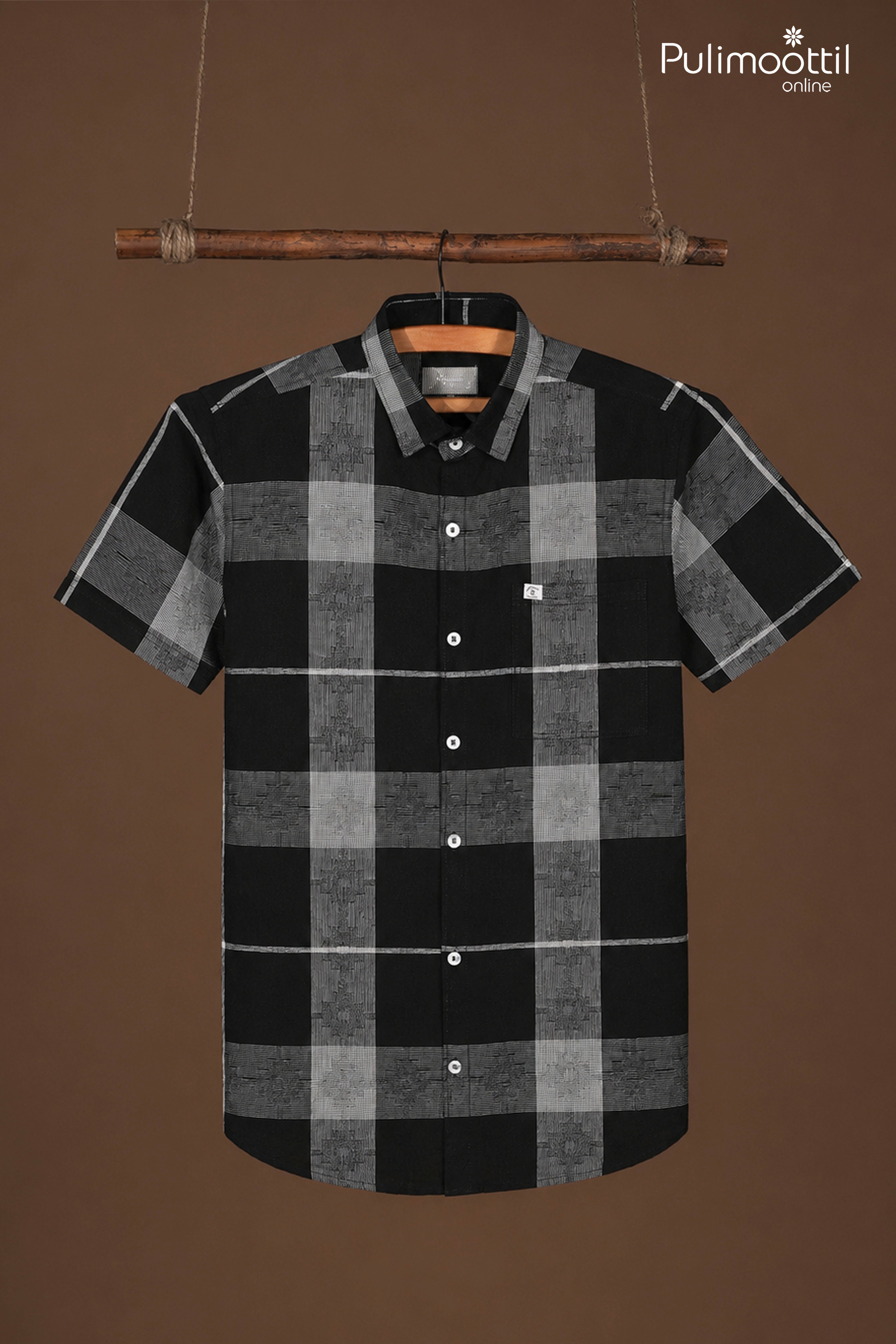 Black Color Half Sleeve Mens Shirt With Windowpane Check Pattern