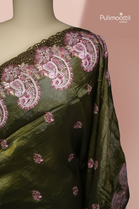 Olive Green Soft Organza Saree With Body Thread Work And Cut Work On Border