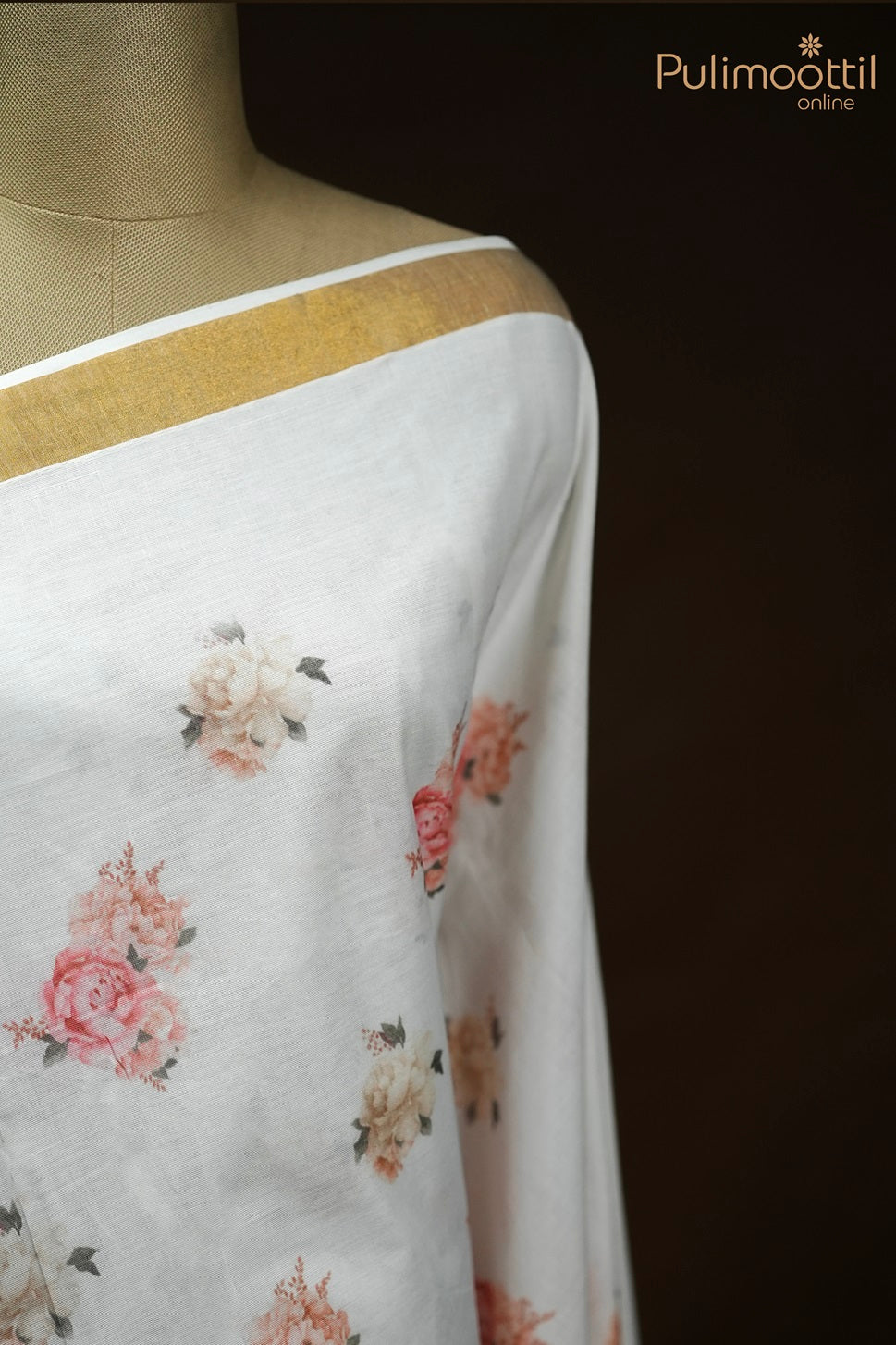 Cream Colour Kerala Cotton Printed Set Saree.