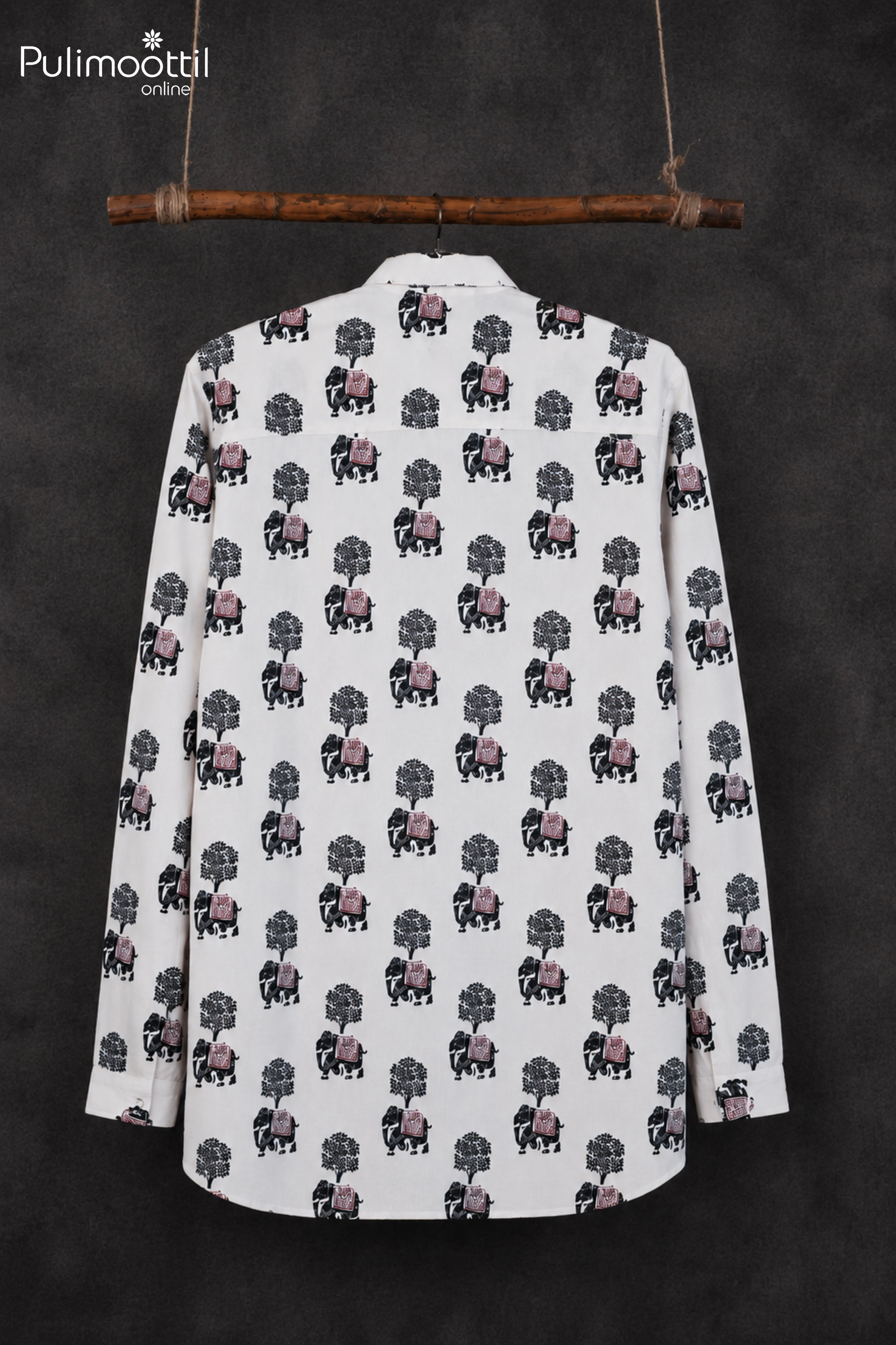 White Color Full Sleeve Mens Kurta With Elephant Motif Print
