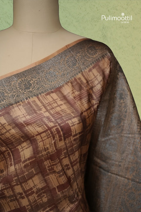 Semi Tussar Silk Saree With Stroke Pattern In Earthy Chocolate Brown And Beige Tones.