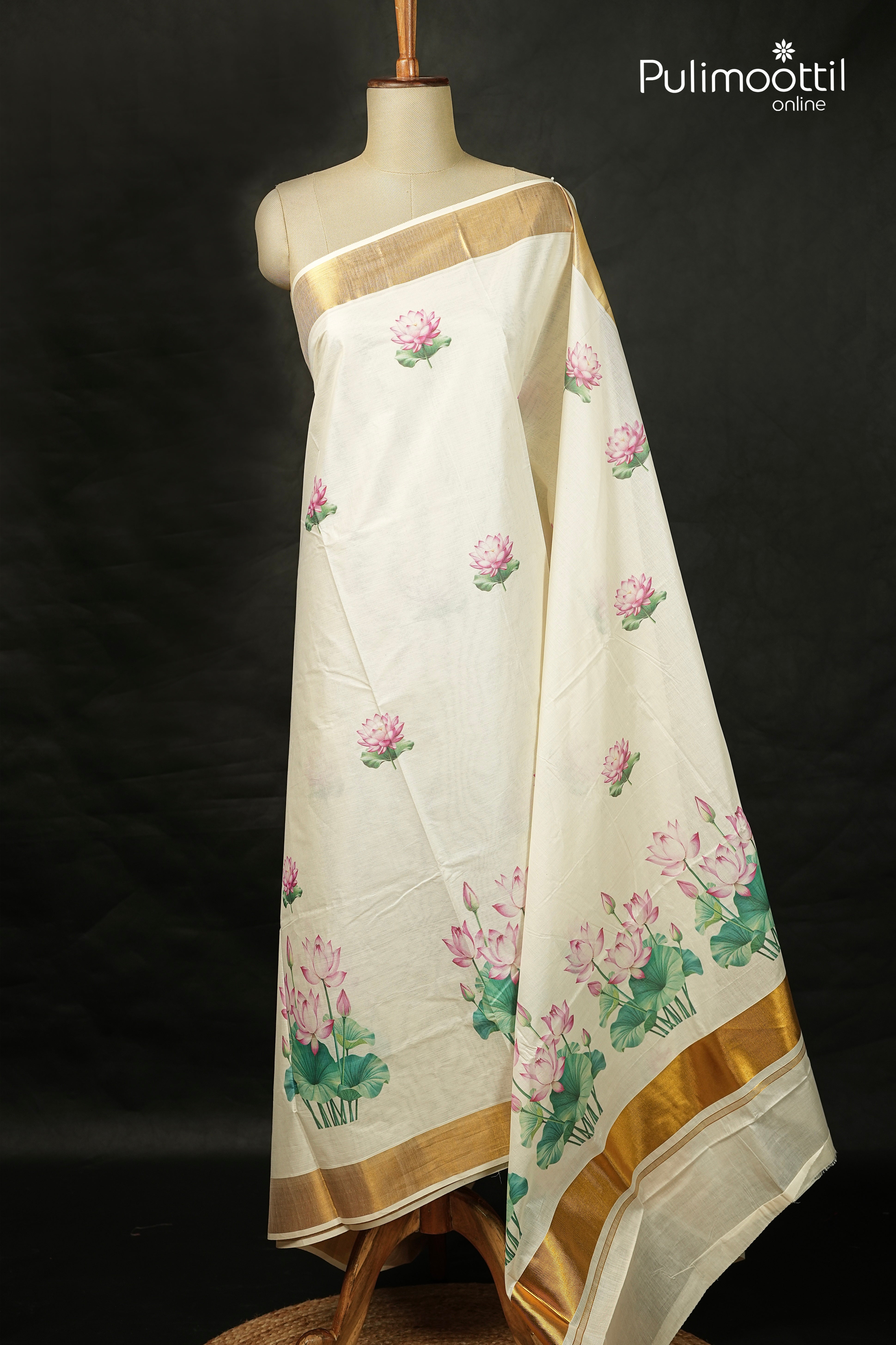 Kerala Traditional Lotus Digital Printed Cotton Set Saree