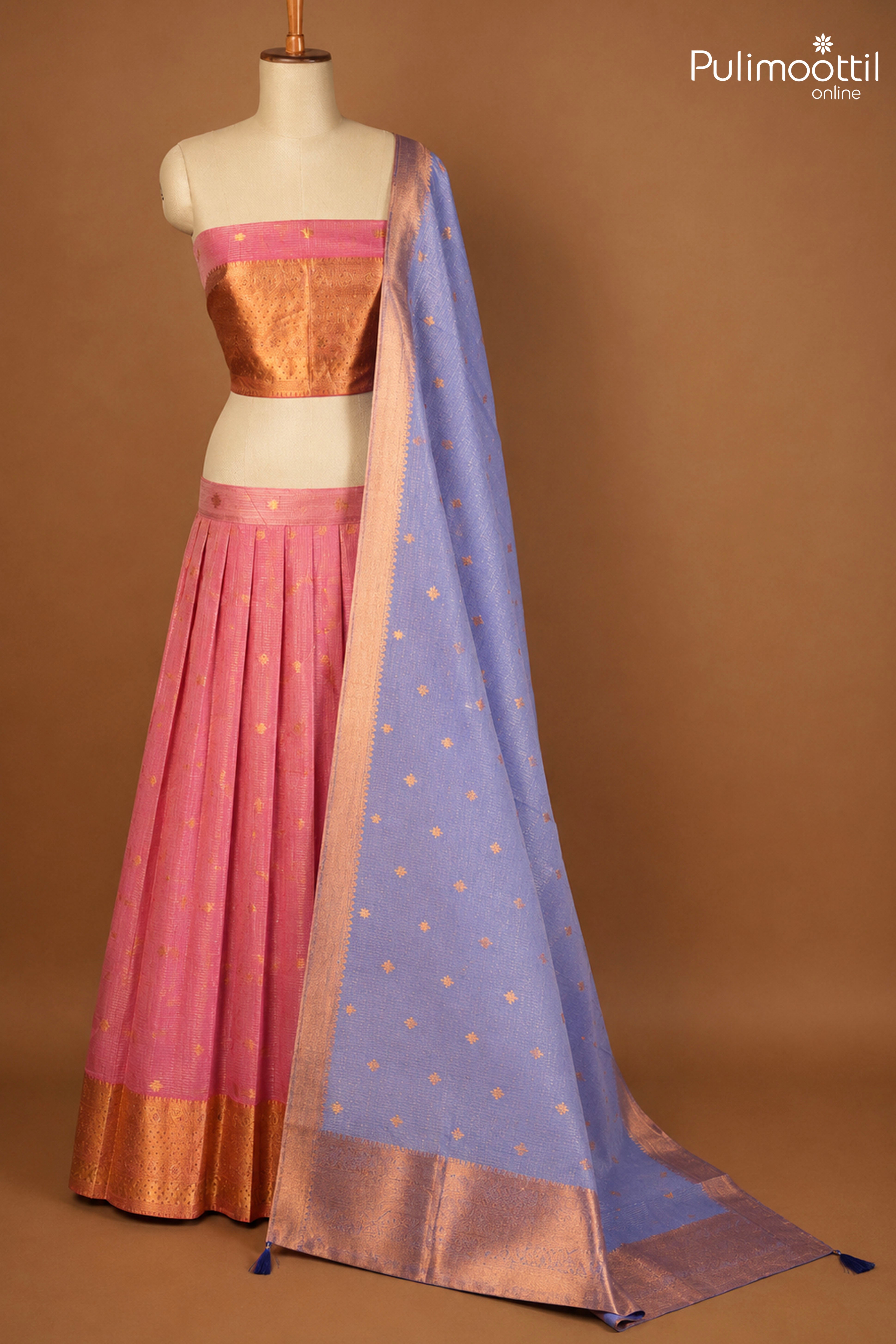 Pink Color Grid Set Onam Special Dhavani Set