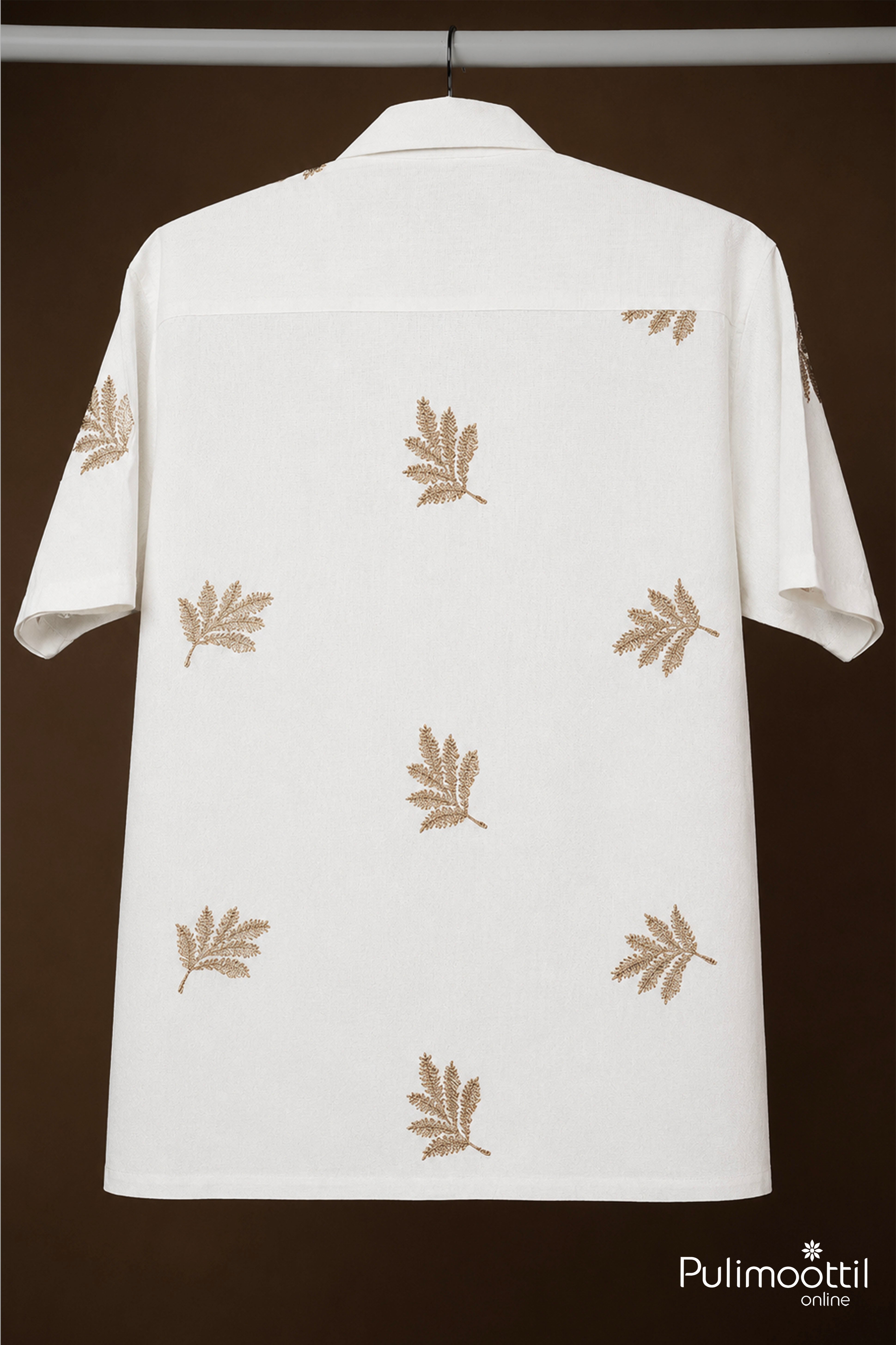 White Color Half Sleeve Mens Shirt With Embroidered Leaf Motif
