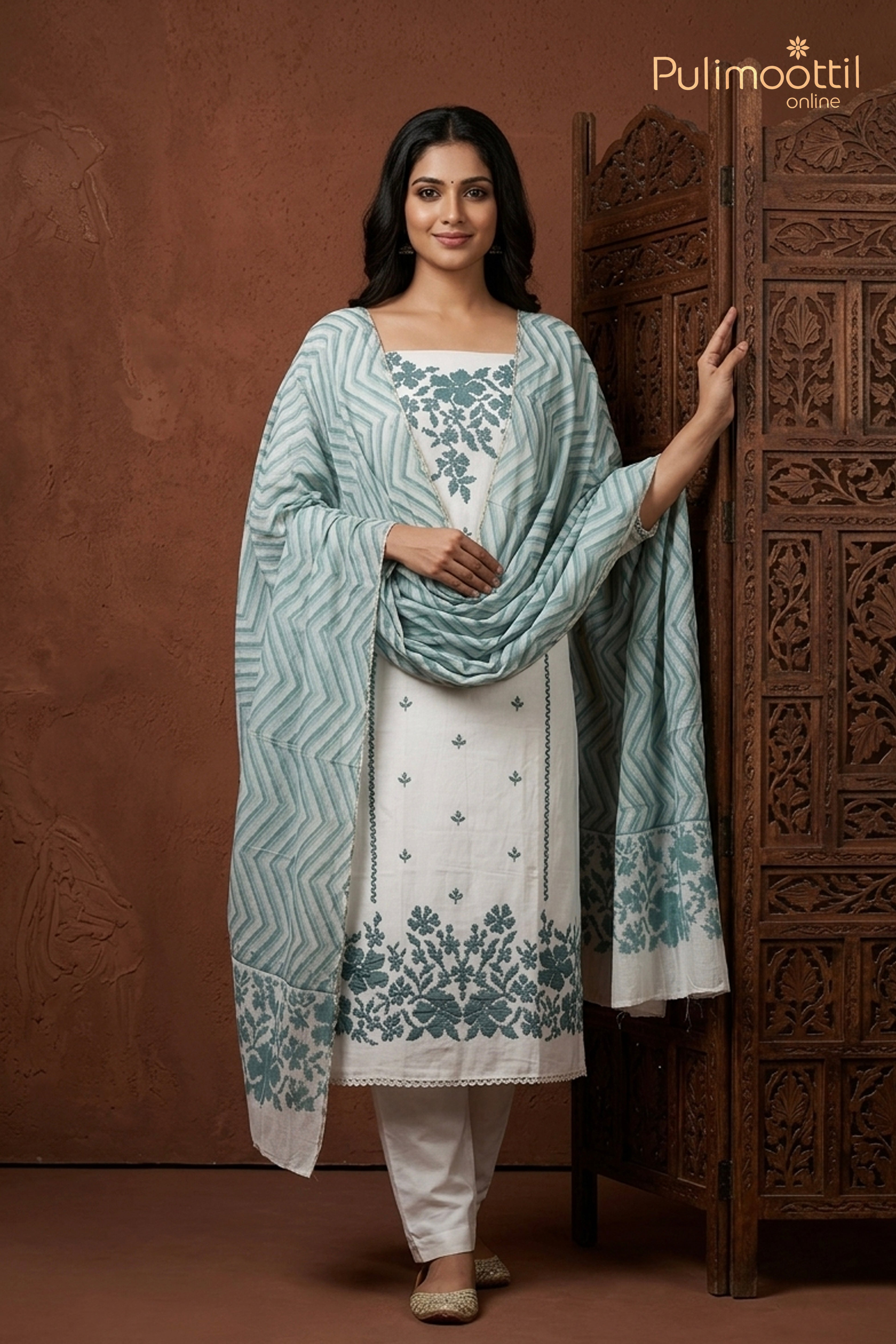 WHITE CHANDERI UNSTITCHED SALWAR SET
