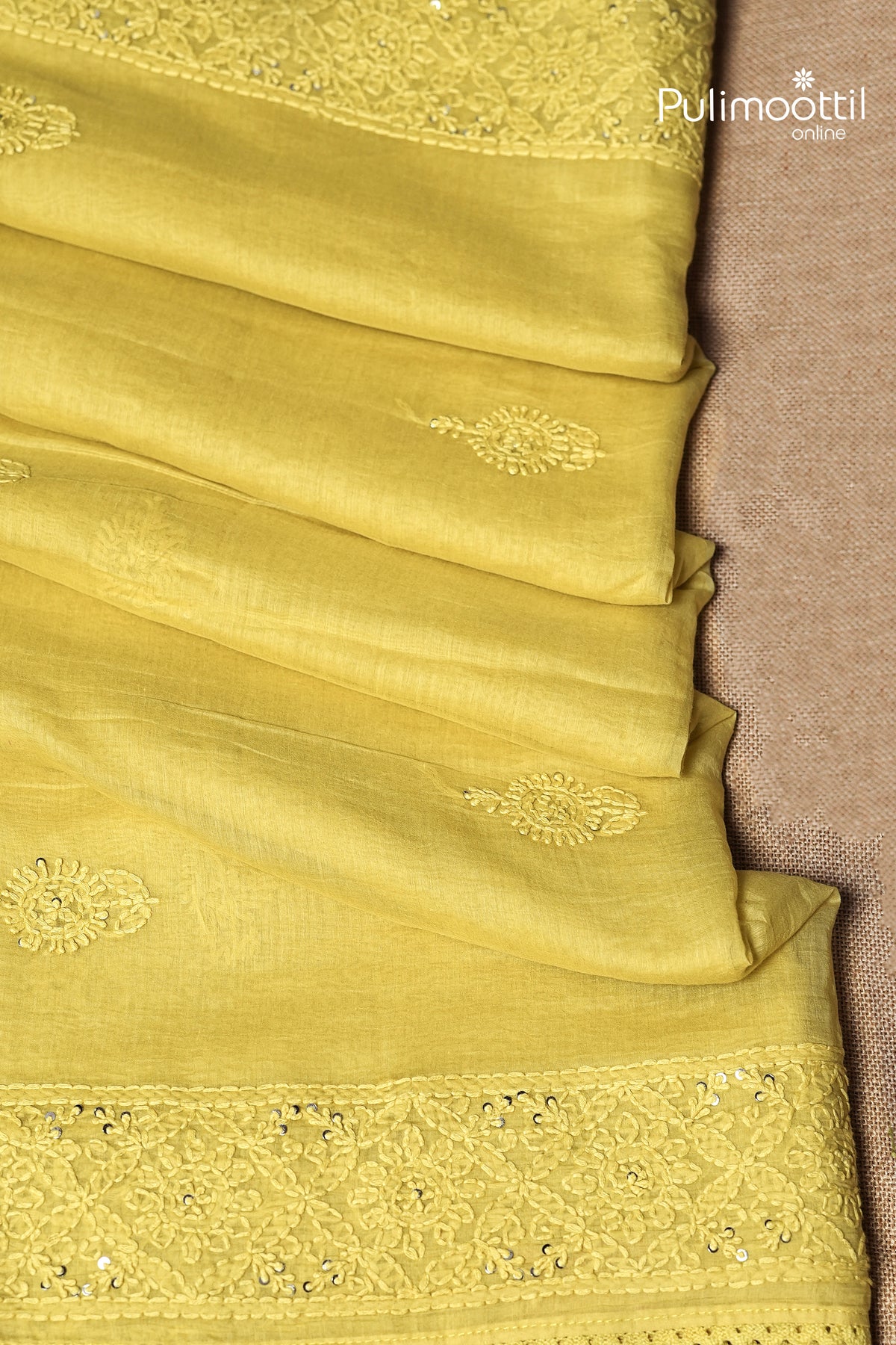 Olive Yellow Colour Chanderi Chikankari Saree