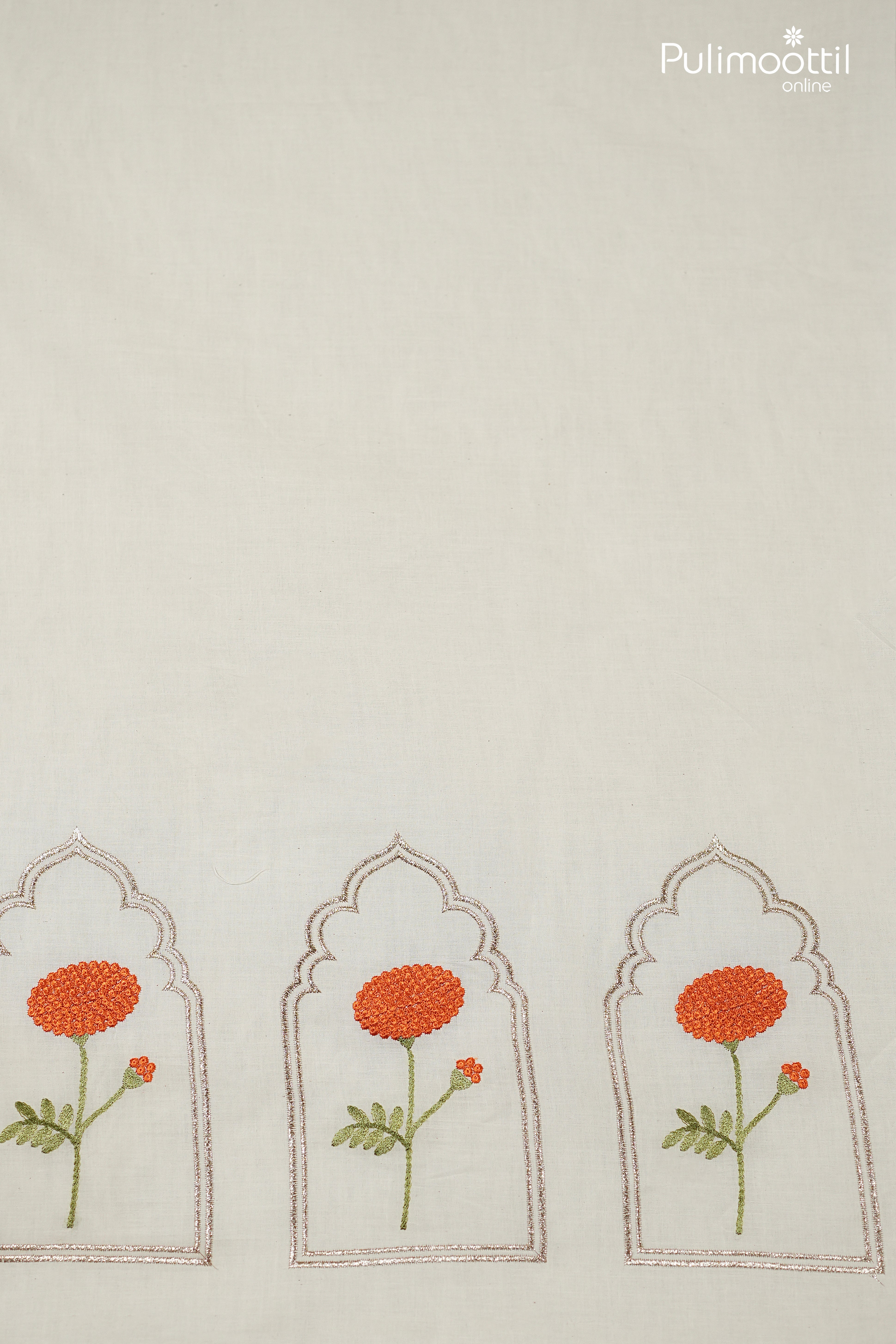Off-White Kora Cotton Fabric with Orange Marigold Floral Embroidery
