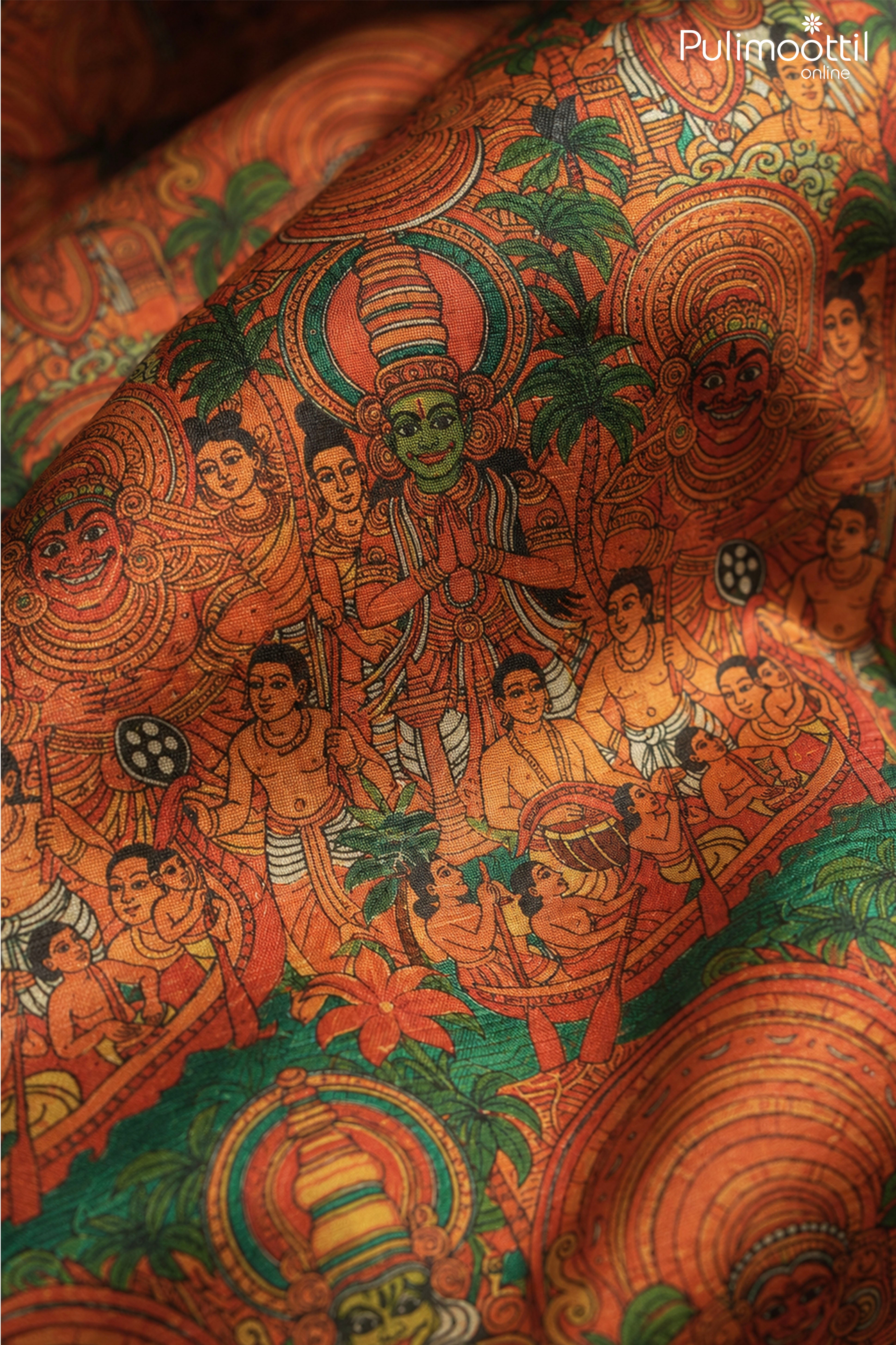 Orange Half Sleeve Mens Shirt With Kerala Mural Art Print