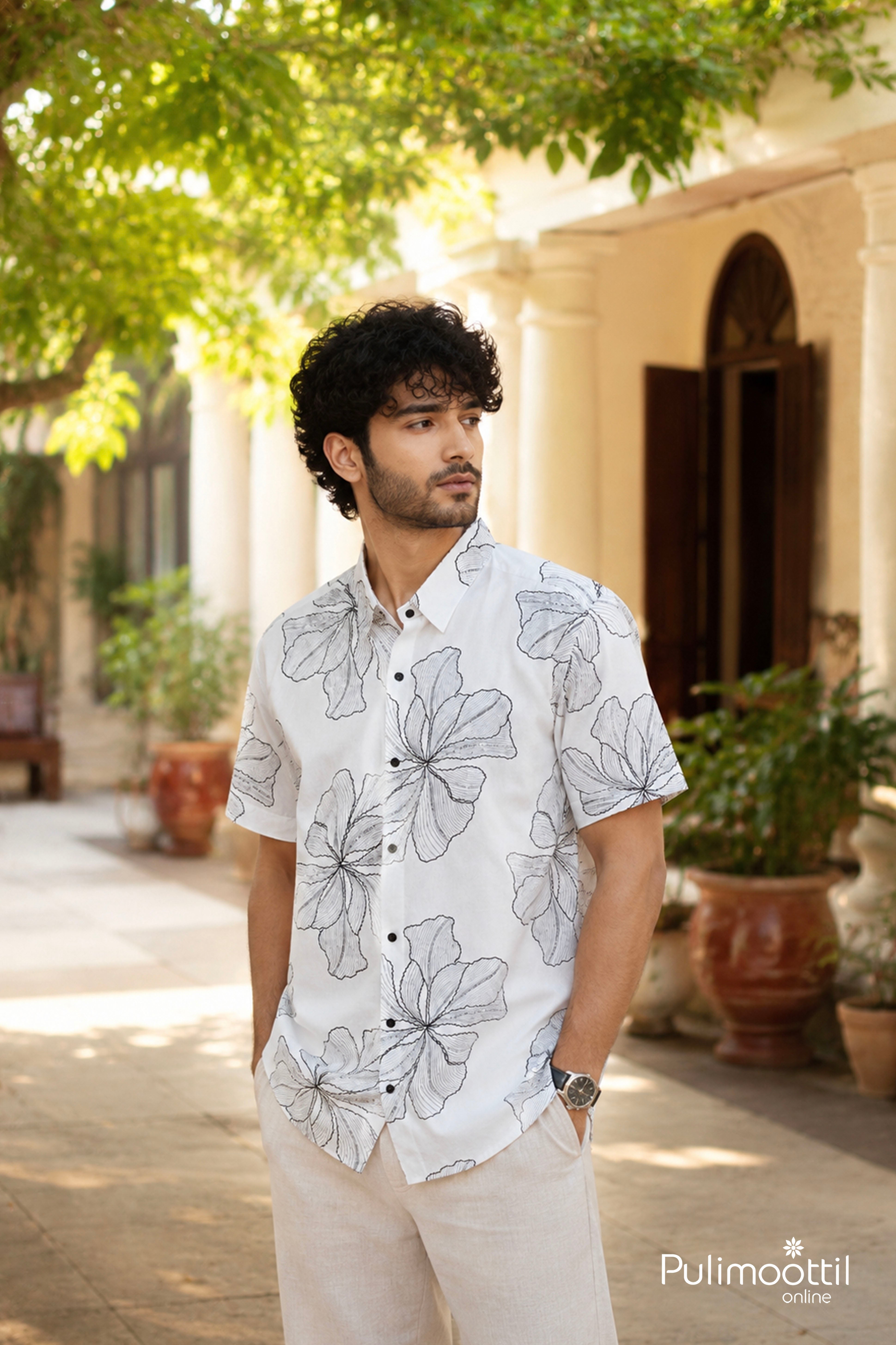 White Color Half Sleeve Mens Shirt With Floral Print