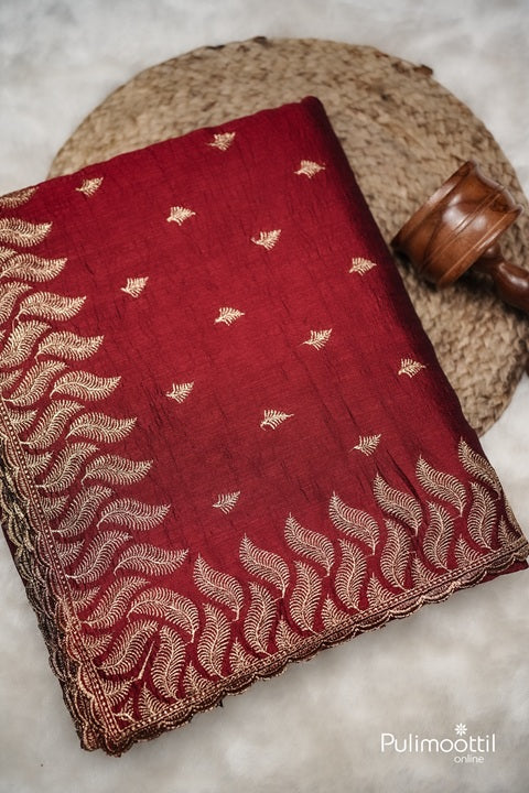 Reddish Maroon Vijithra Silk Golden Zari  Butta Work On Body.