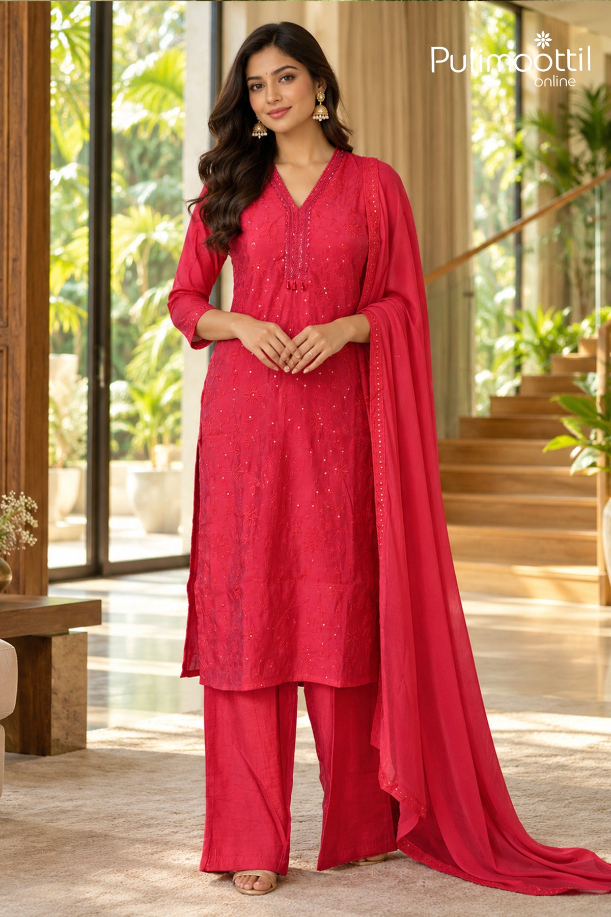 Red Colour Blended Chanderi Salwar Set