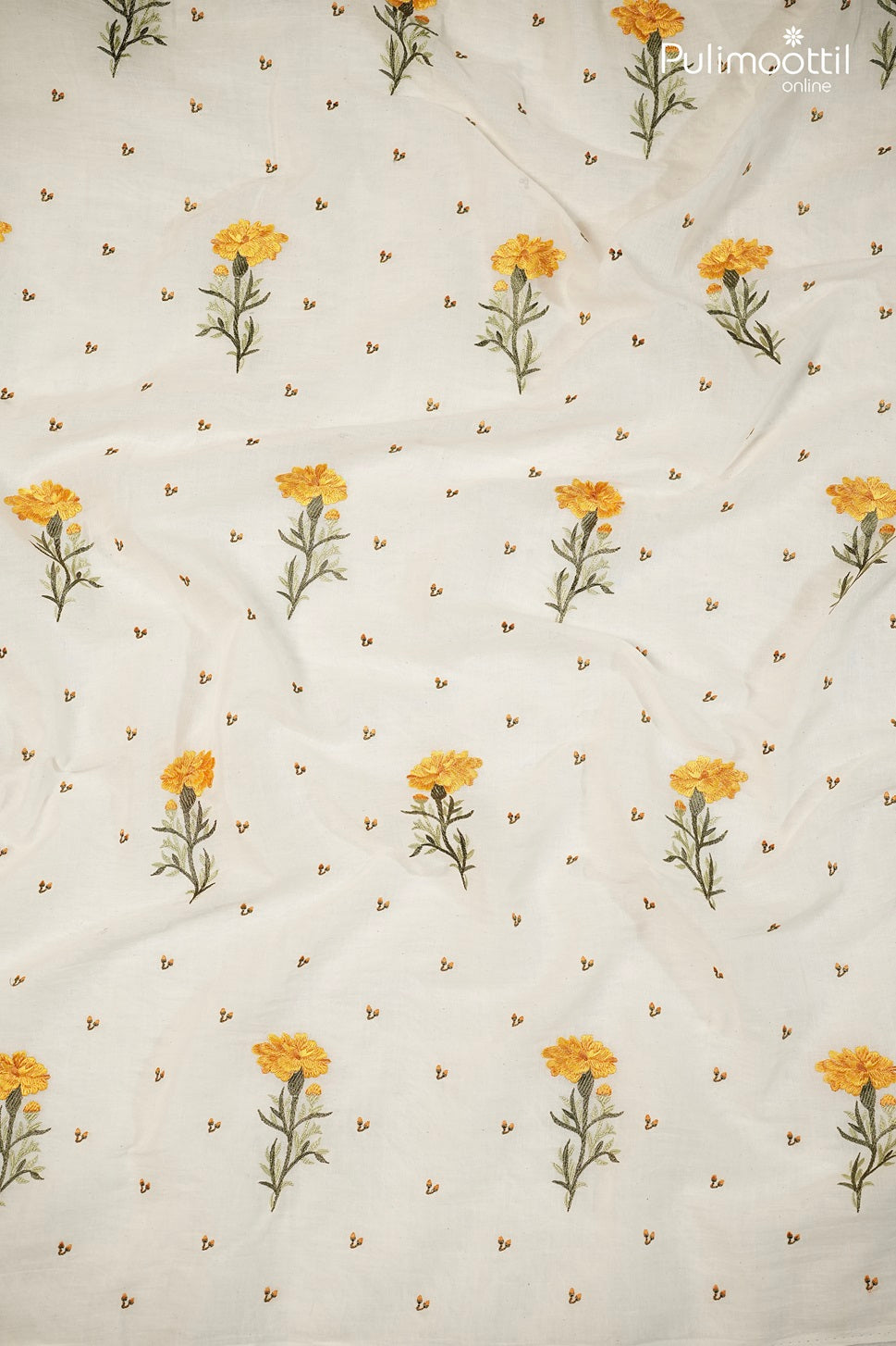 Off-White Soft Cotton Fabric with Yellow Floral Design