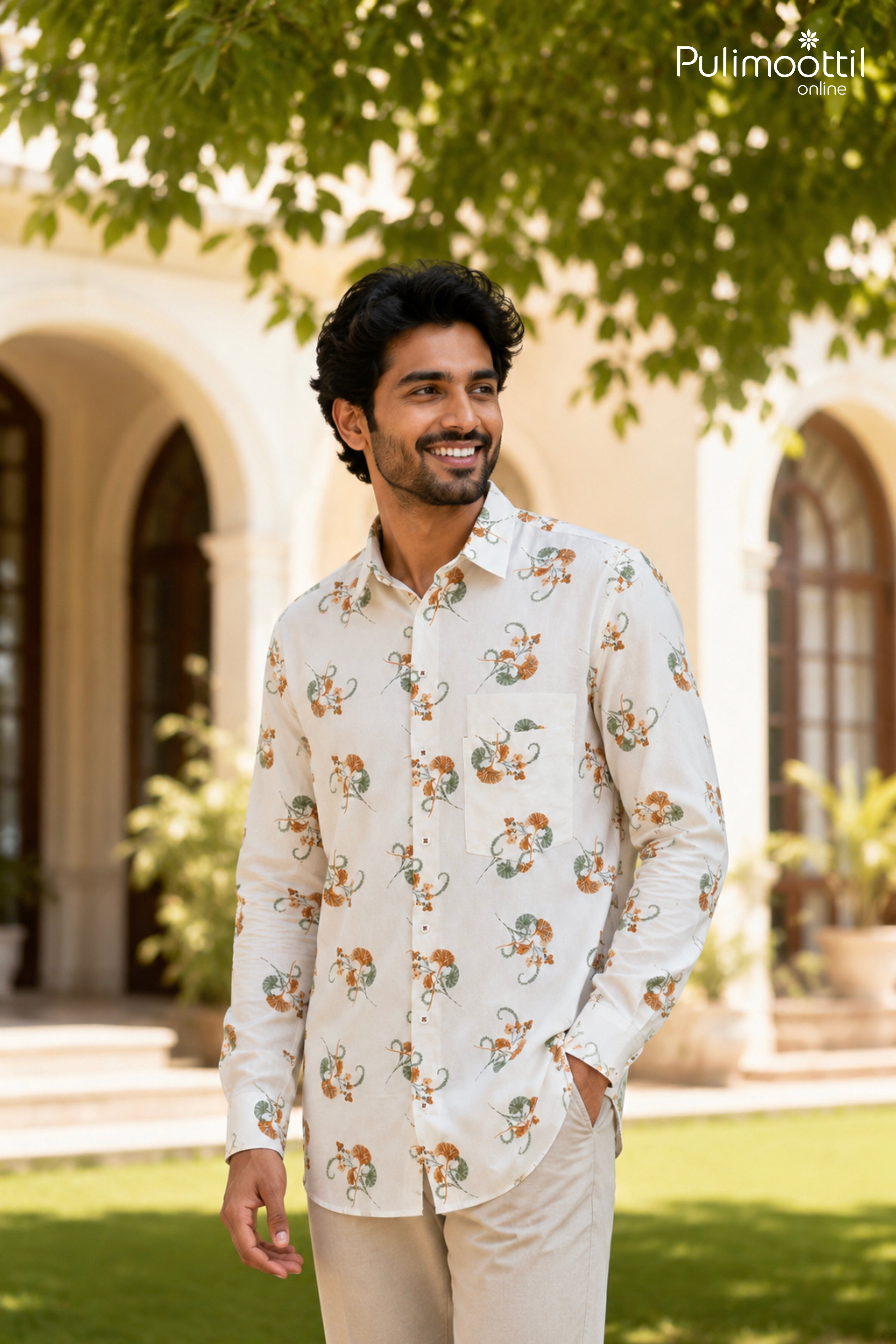 White Color Full Sleeve Mens Shirt With Floral Motif Print