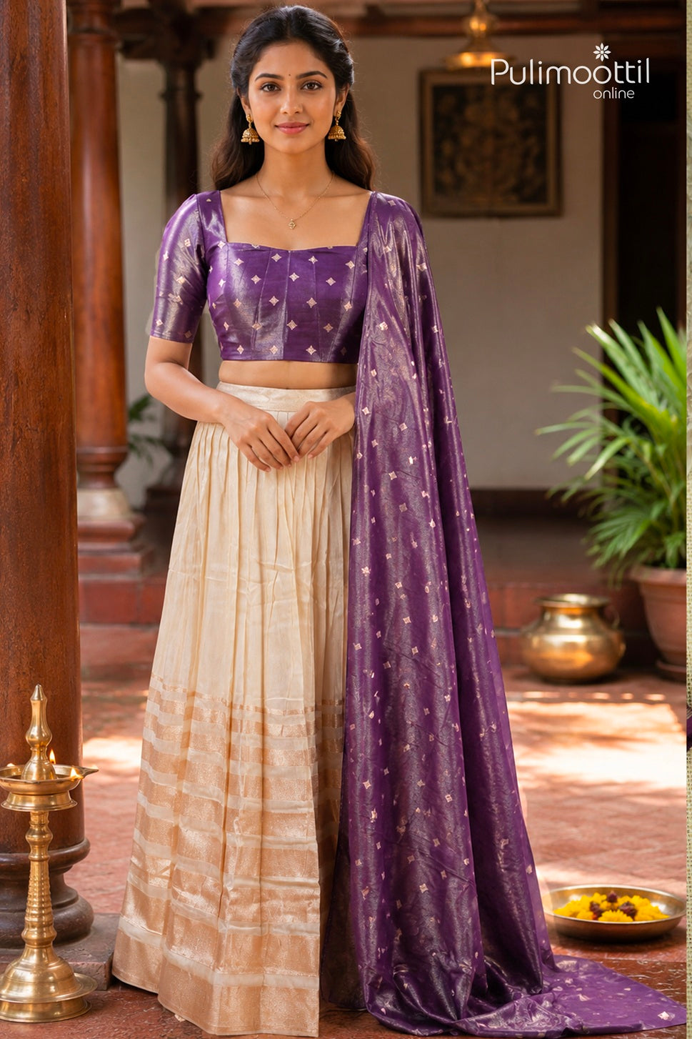 Ready-to-Stitch Offwhite Colour Golden Tissue Dhavani Set