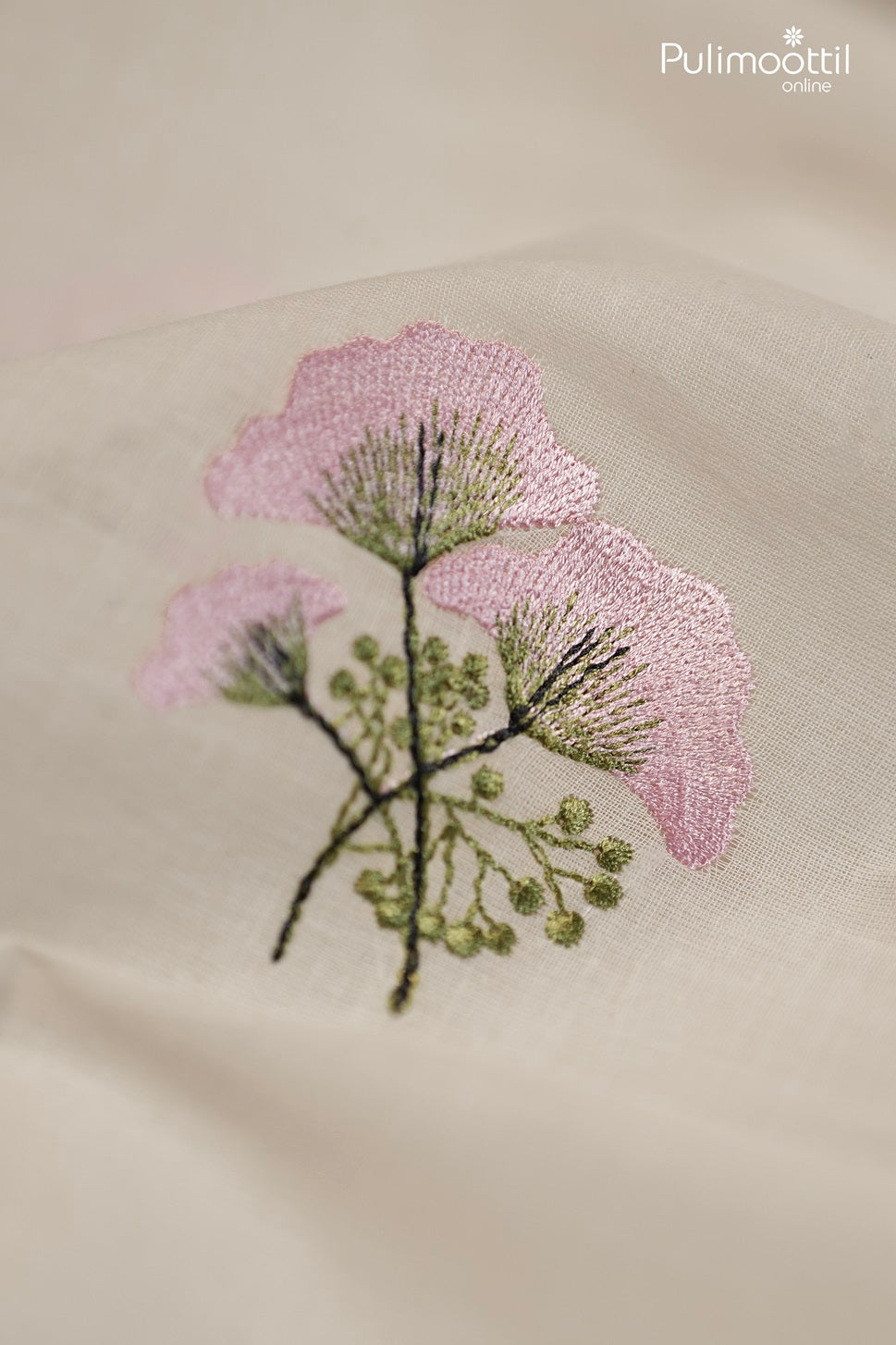 Off-White Semi Chanderi Fabric With Pink Floral Embroidery