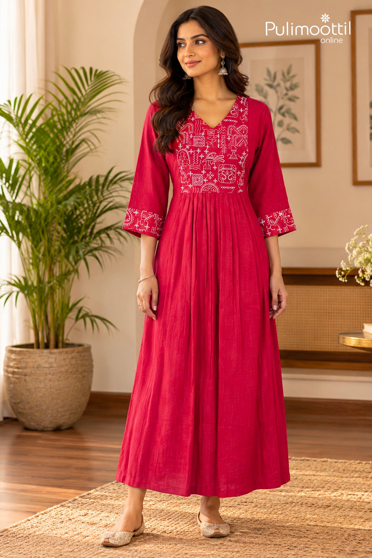 Crimson Colour Crushed Chanderi A-Line Kurti