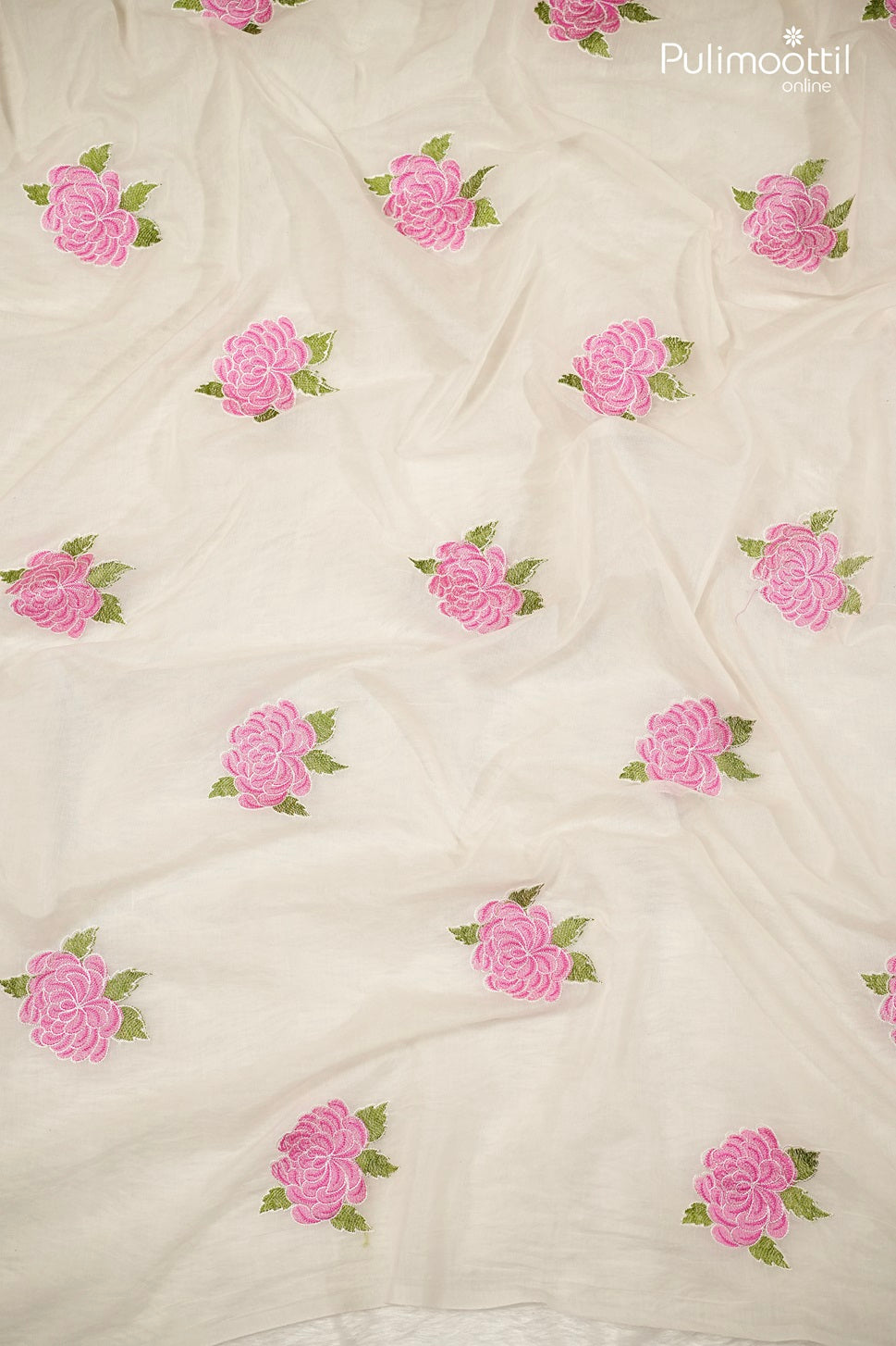 Off-White Chanderi Fabric with Baby Pink Floral Embroidery