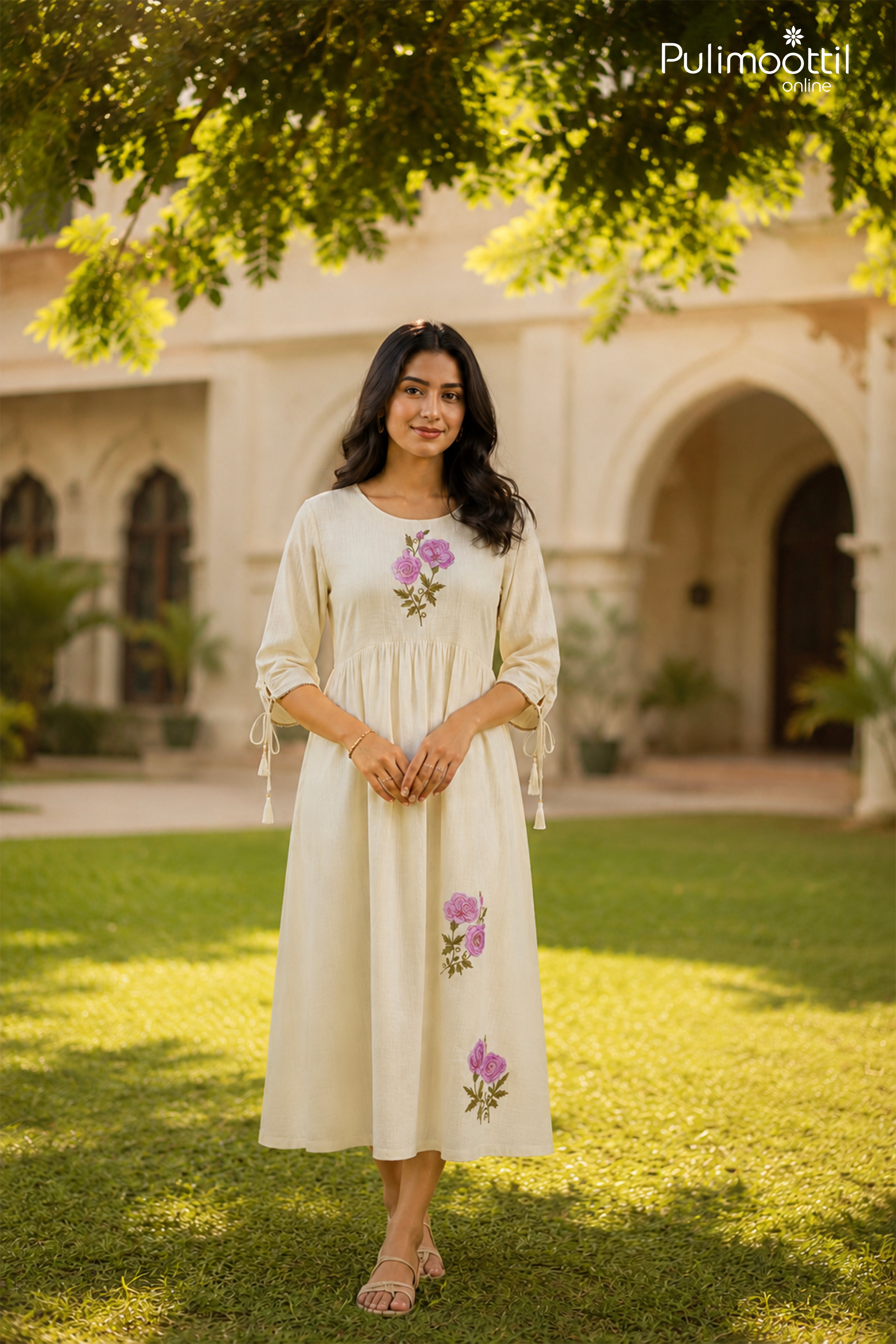 Pearl White Kurtha Featuring Elegant Rose Floral Aplic Work