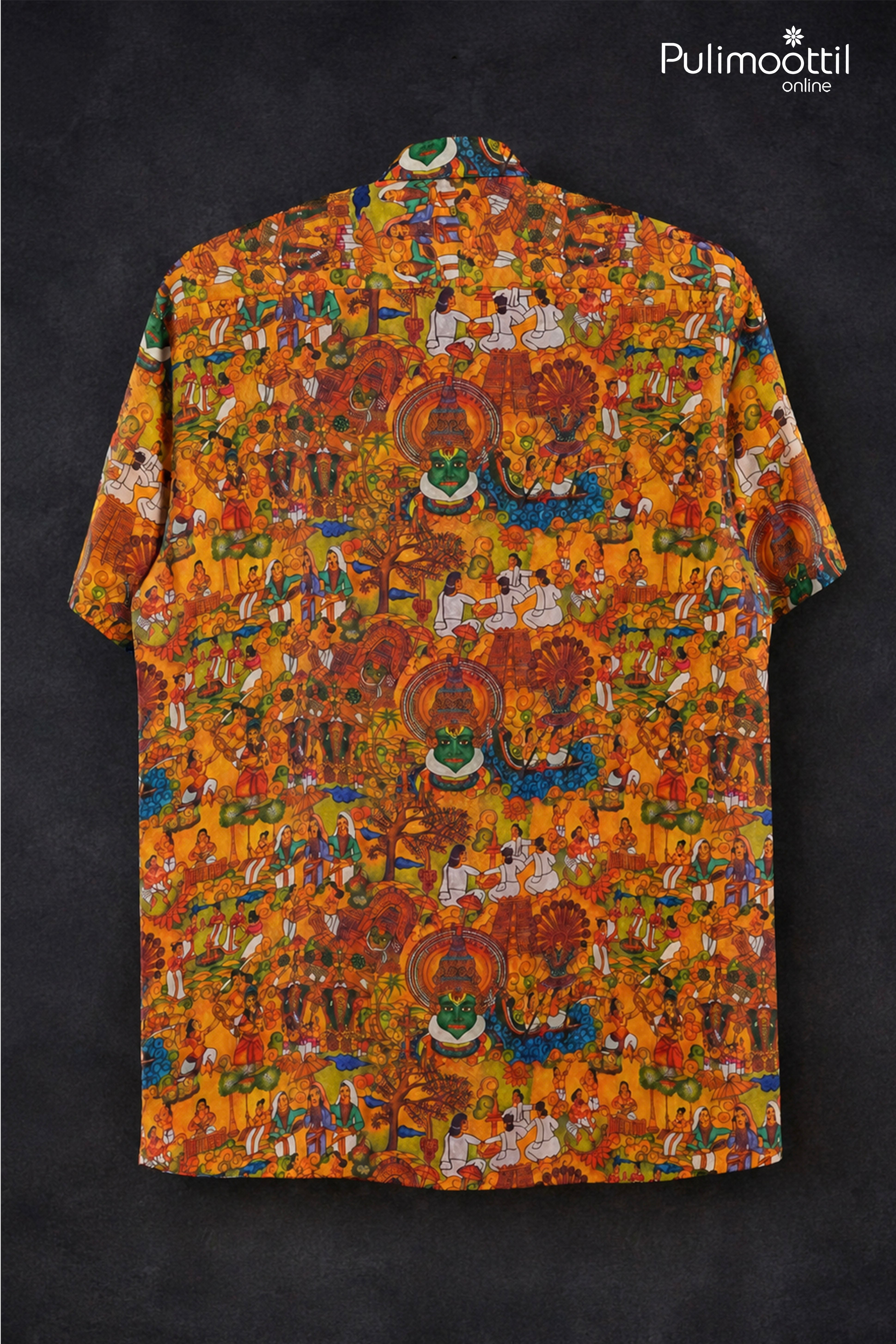 Orange Half Sleeve Mens Shirt With Vibrant Kerala Heritage Narrative Print