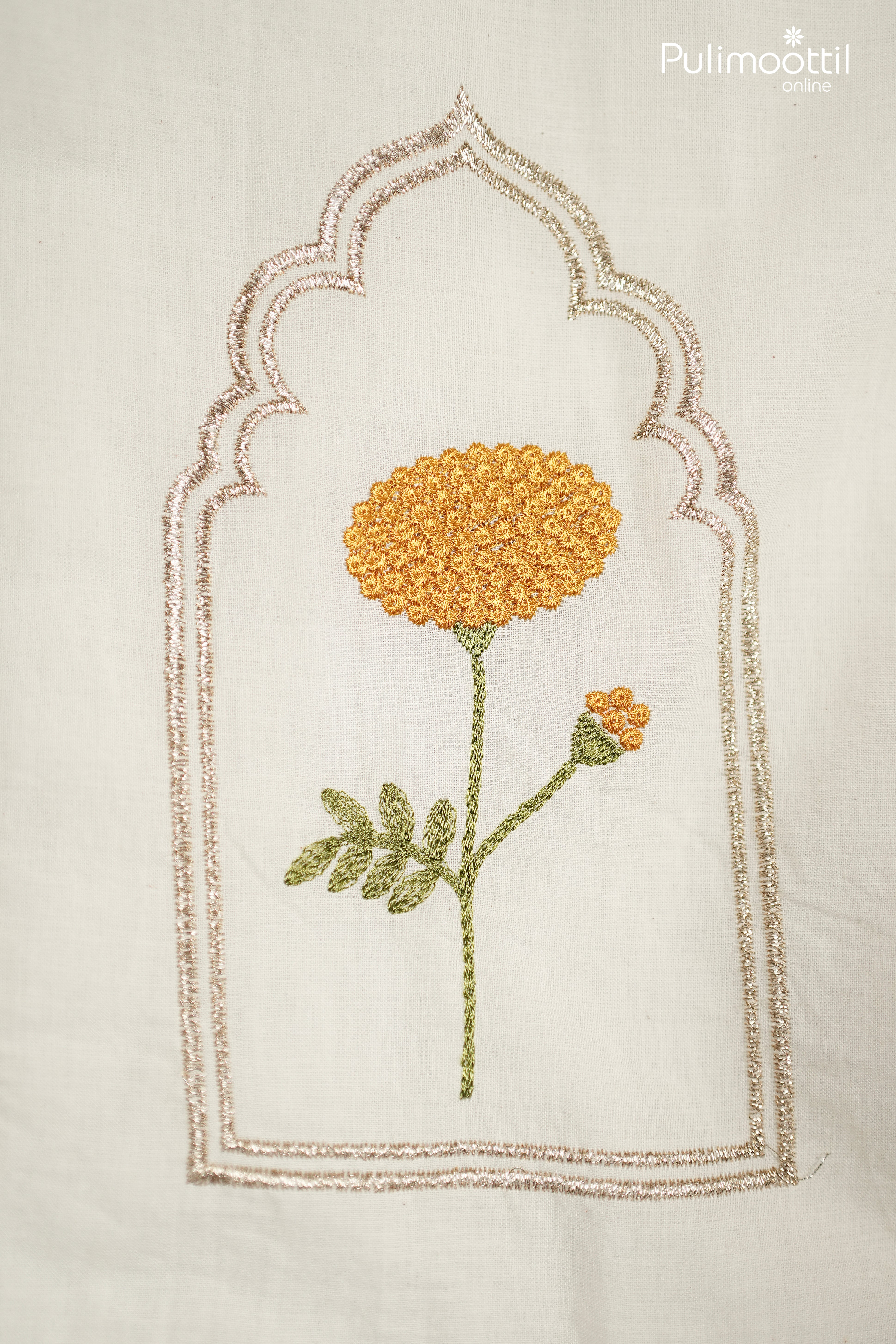 Off-White Kora Cotton Fabric with Yellow Marigold Floral Embroidery