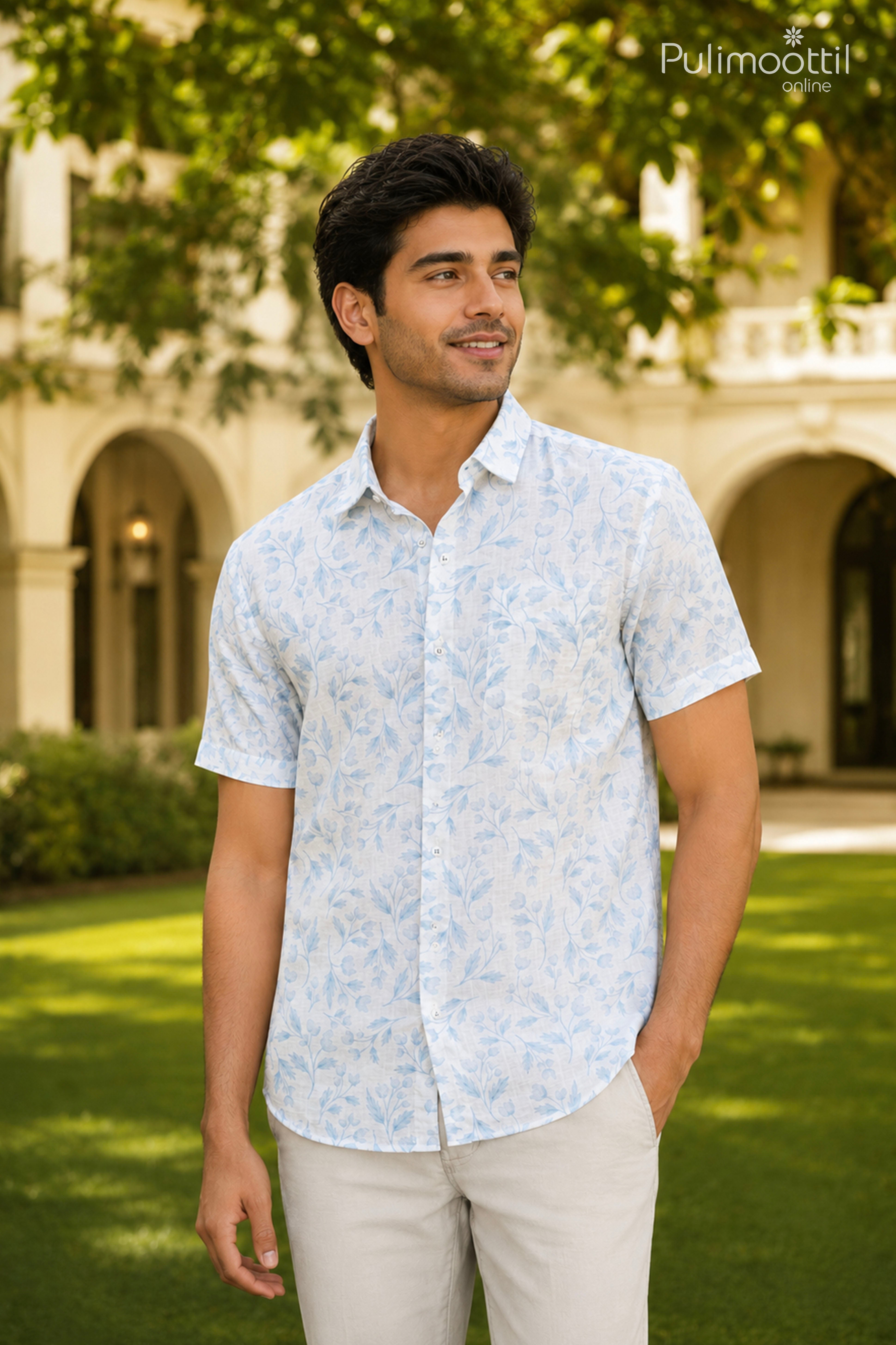 White Color Half Sleeve Mens Shirt With Floral Vine Print