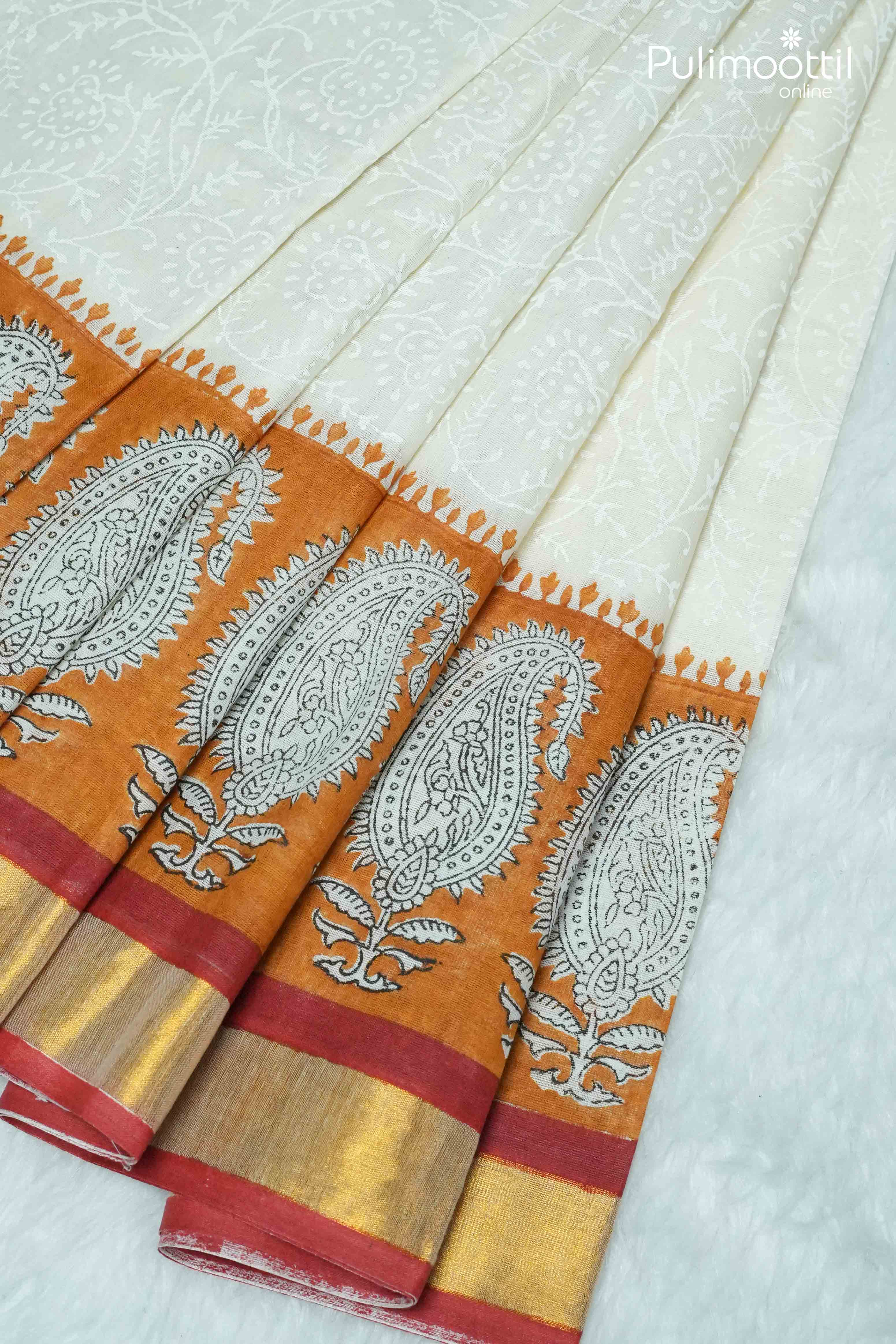 Cream Colour Kerala Set Saree.