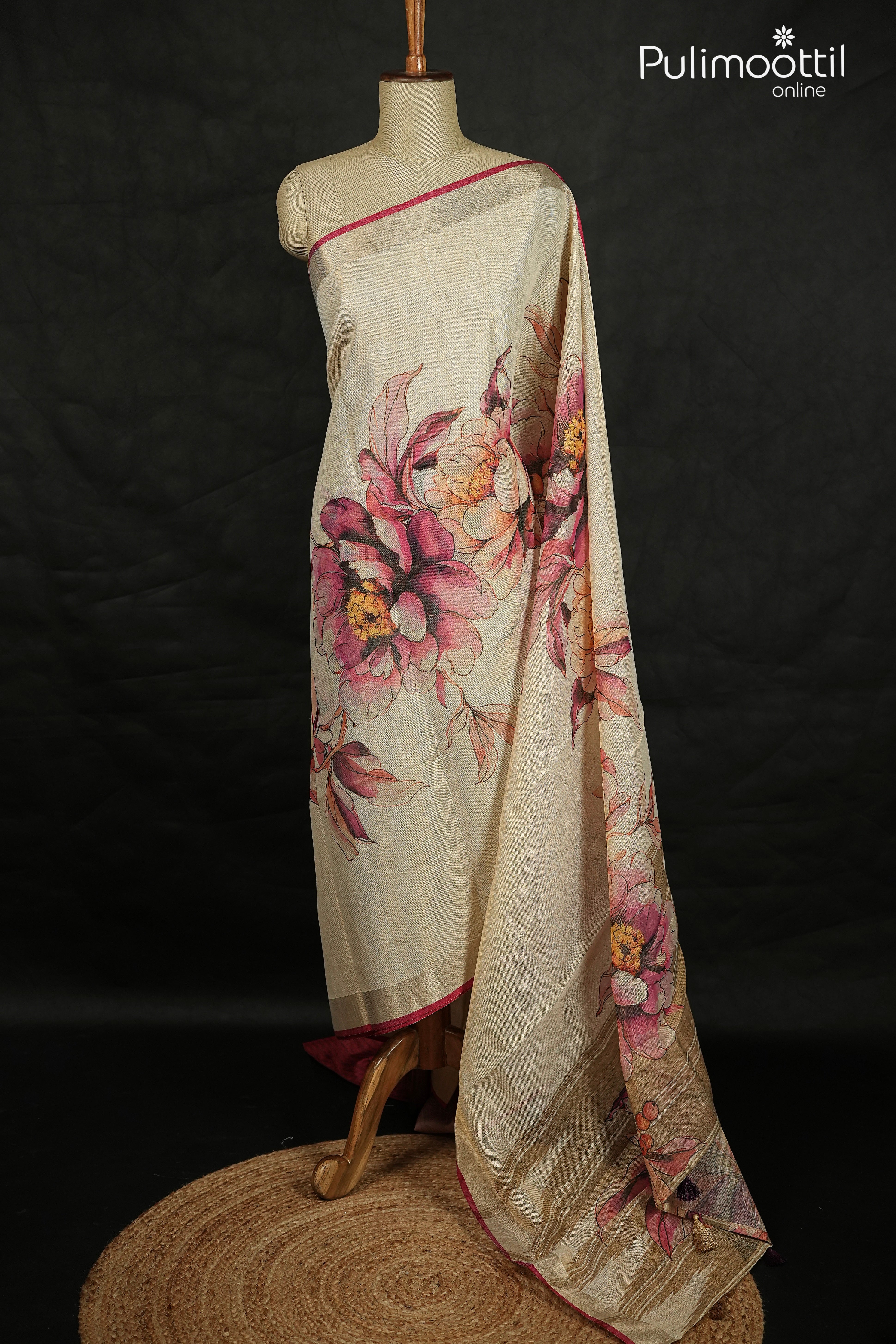 Offwhite Colour Linen Tissue Traditional Saree