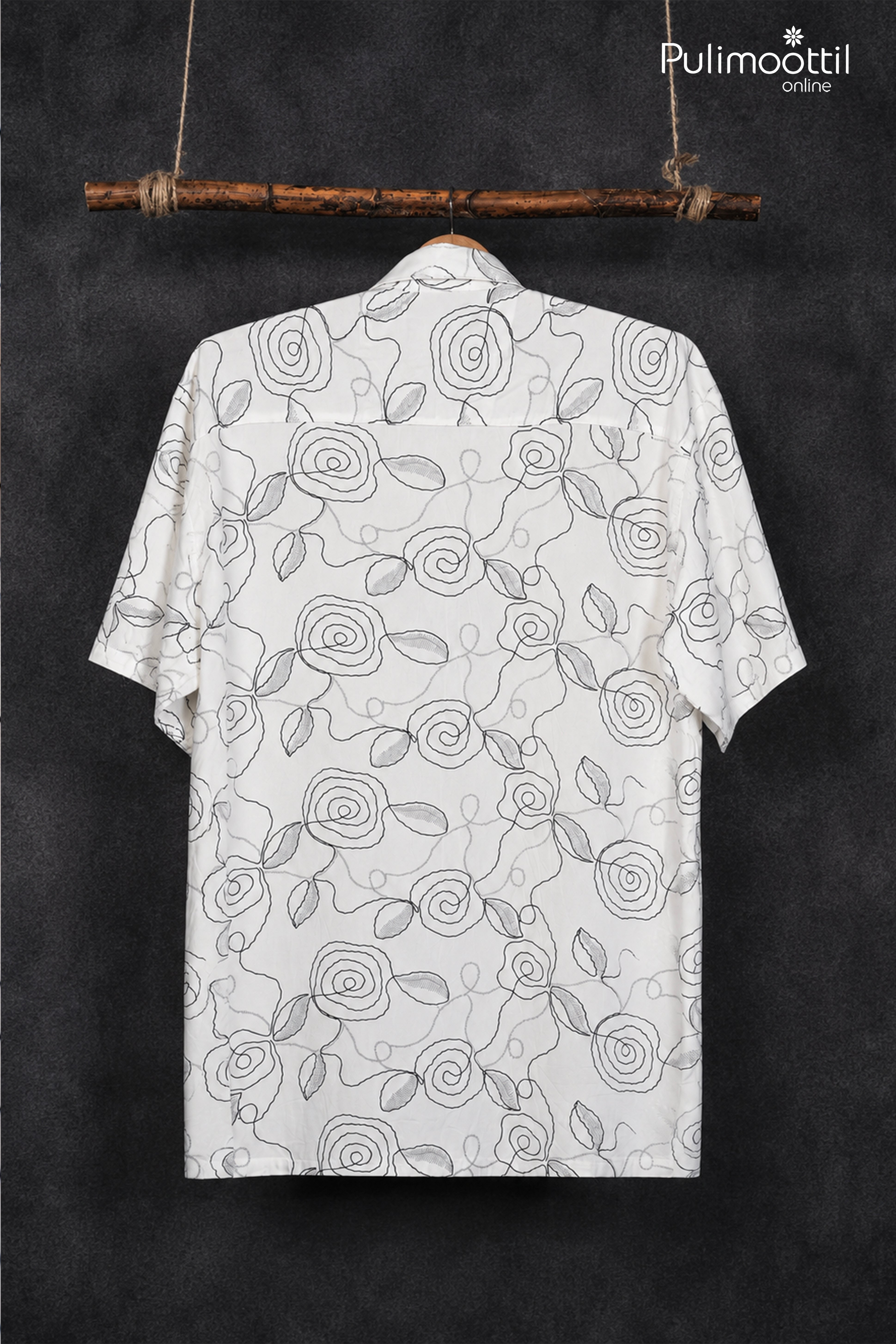 White Color Half Sleeve Mens Shirt With Abstract Line Art Print
