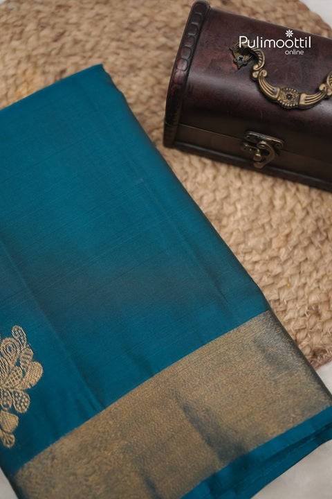 Peacock Blue Kanchipuram Semi Silk Saree.
