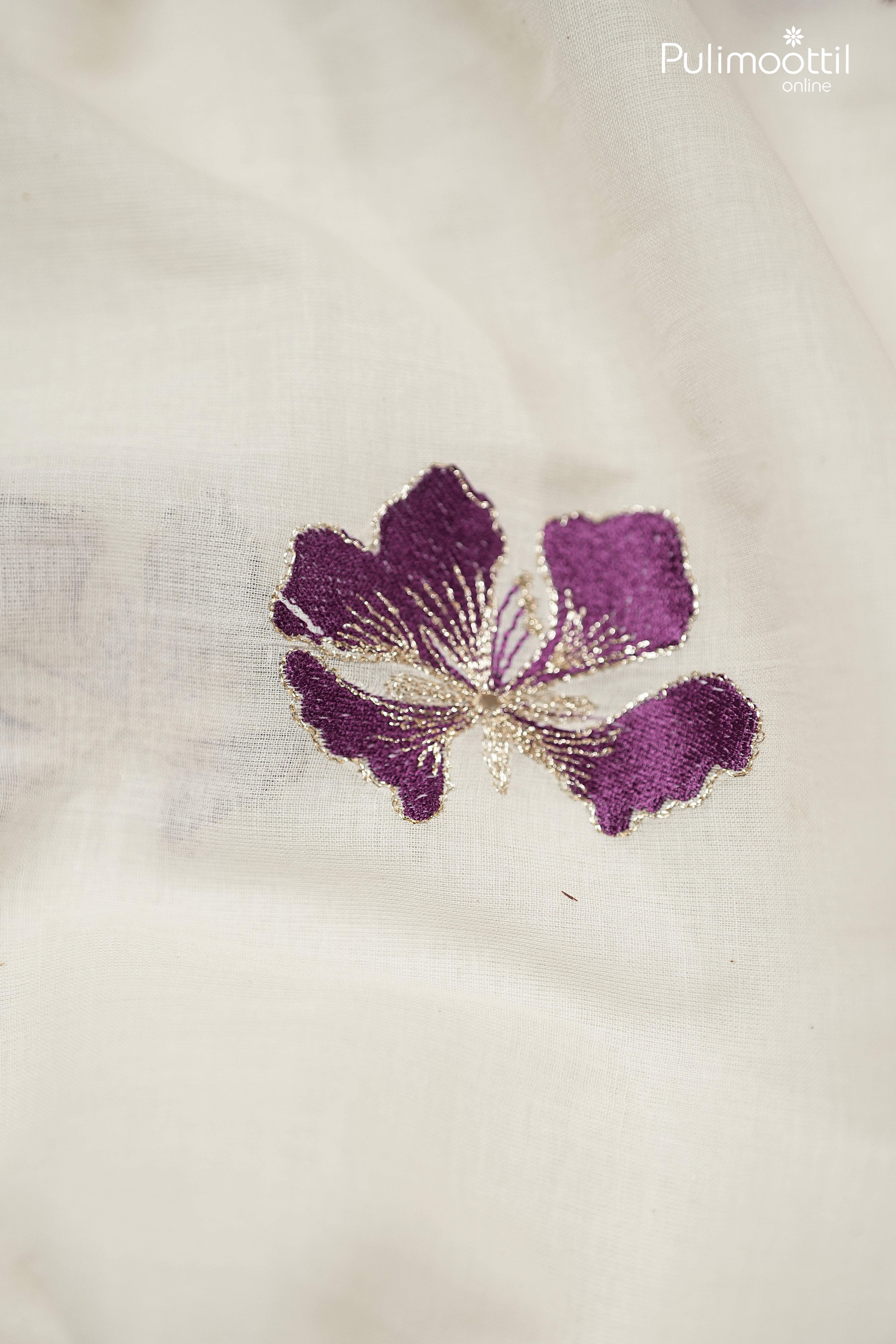Off-White Color Cotton Fabric With Purple Floral Embroidery