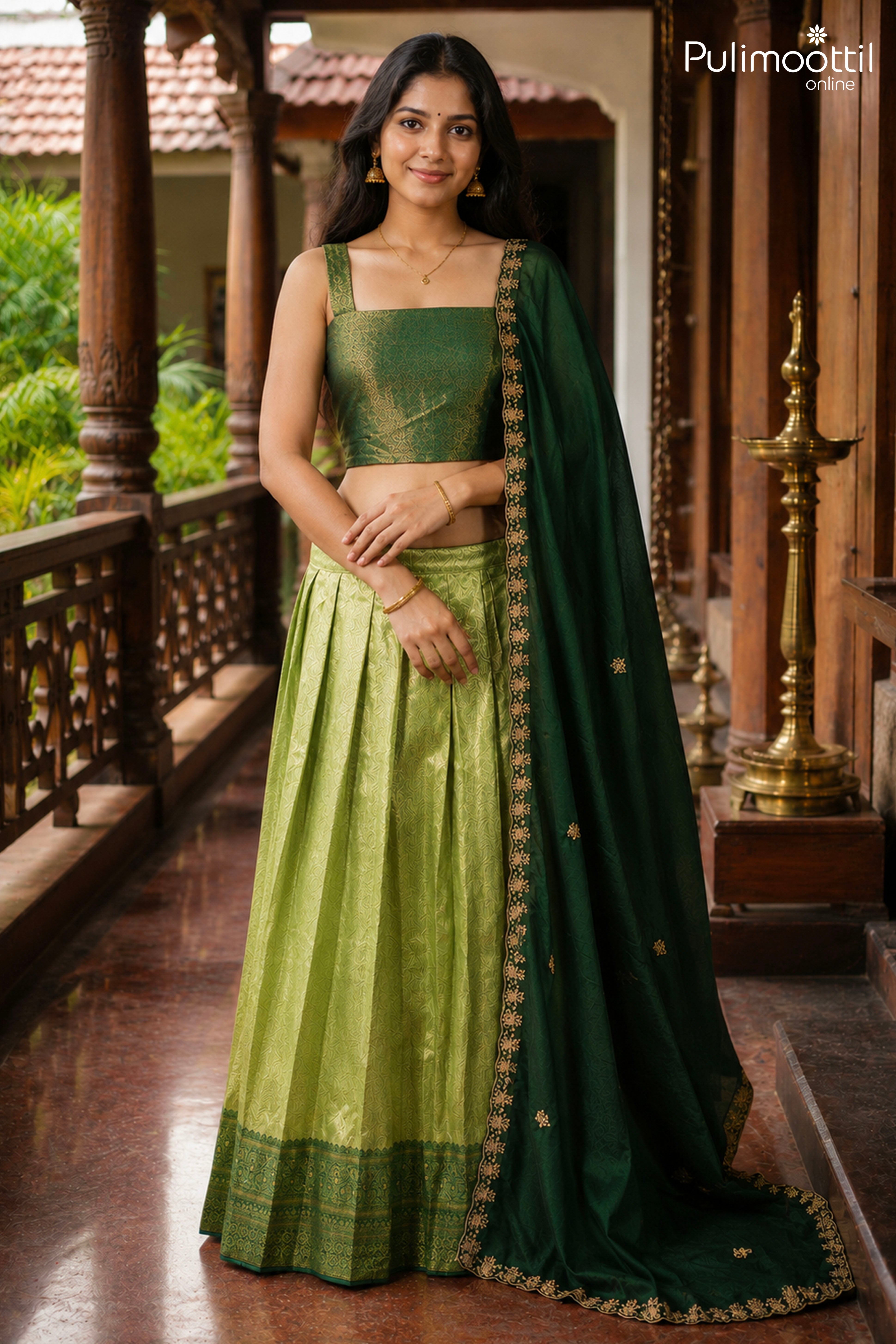 Parrot Green Color Banarasi Onam Special Dhavani Set