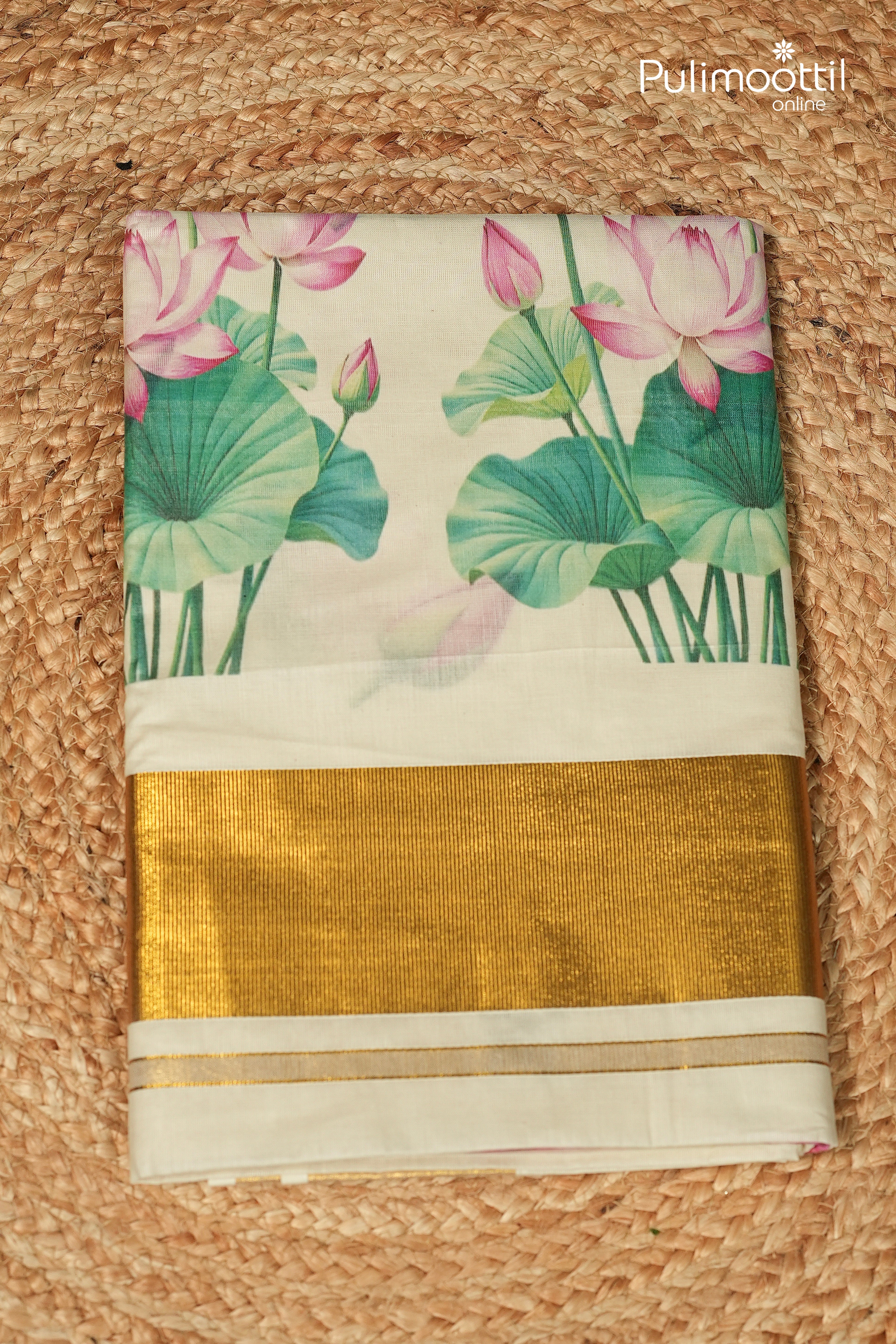 Kerala Traditional Lotus Digital Printed Cotton Set Saree