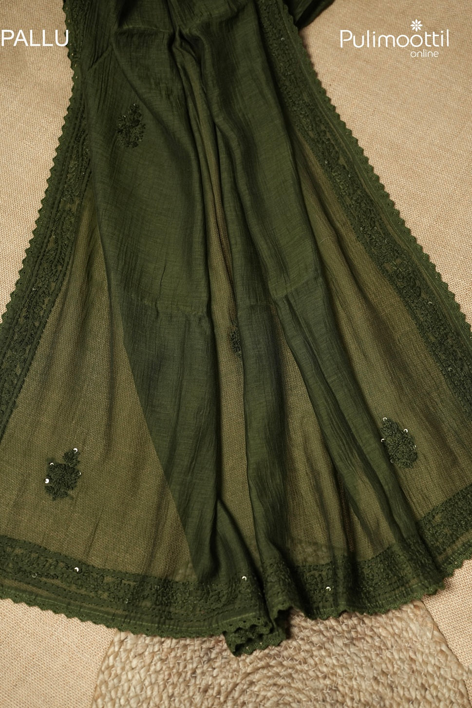 Dark Olive Green Colour Chanderi Chikankari Saree