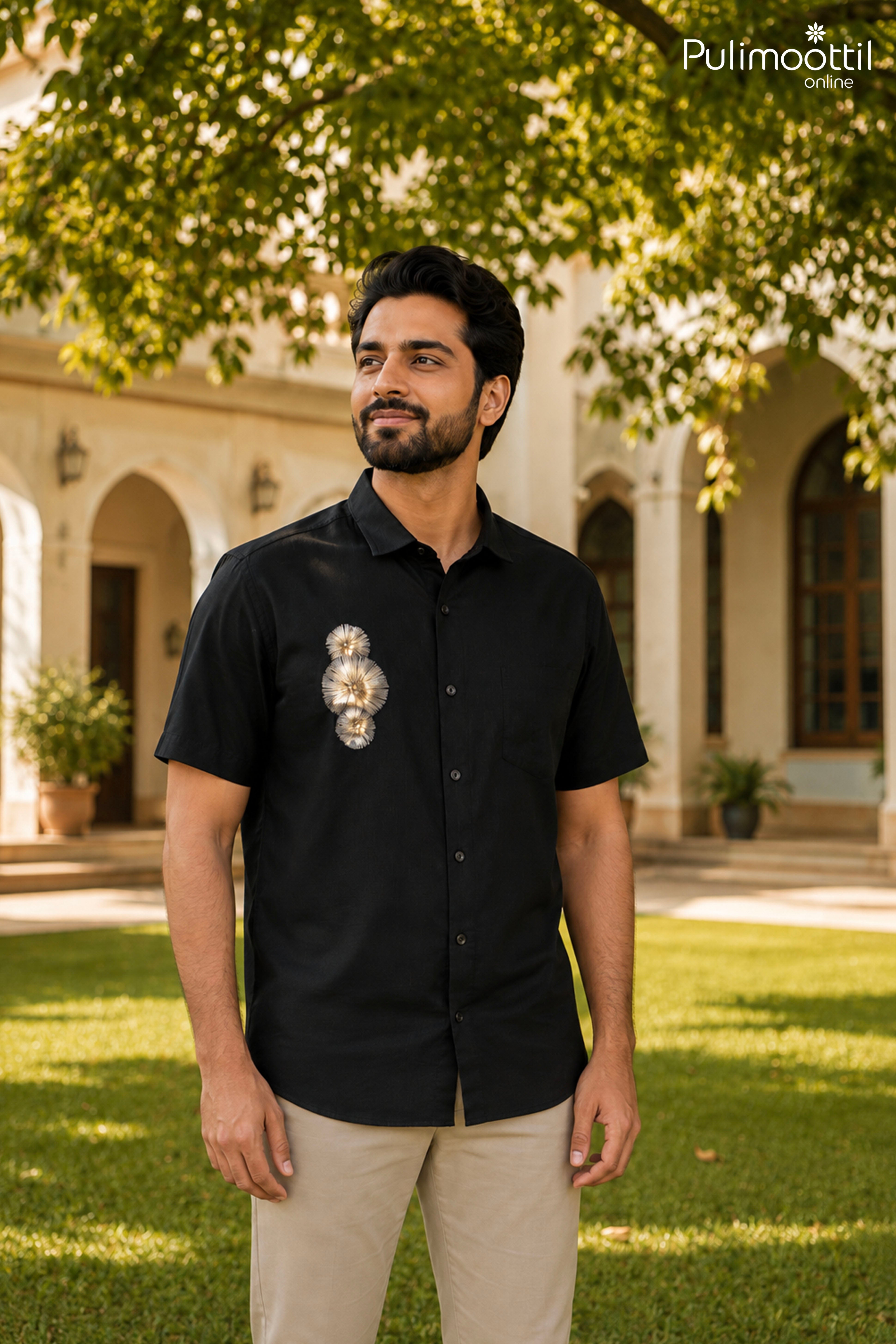 Black Color Half Sleeve Mens Shirt With Floral Print