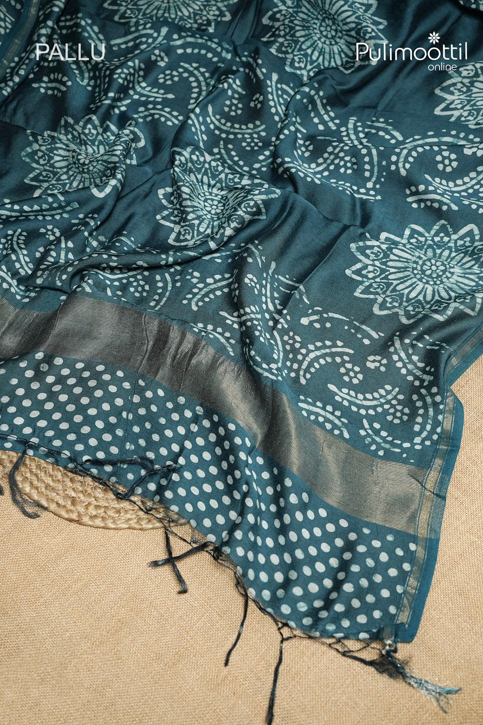 Dark Steel Blue Colour Batik Design Chanderi Saree