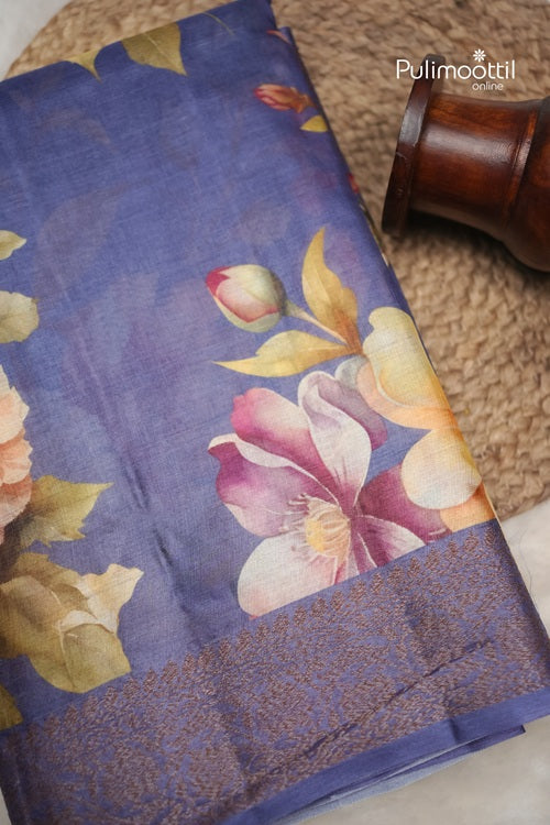 Lavender Floral Semi Silk Saree With A Full-Cover Floral And Leaf Vine Weave.