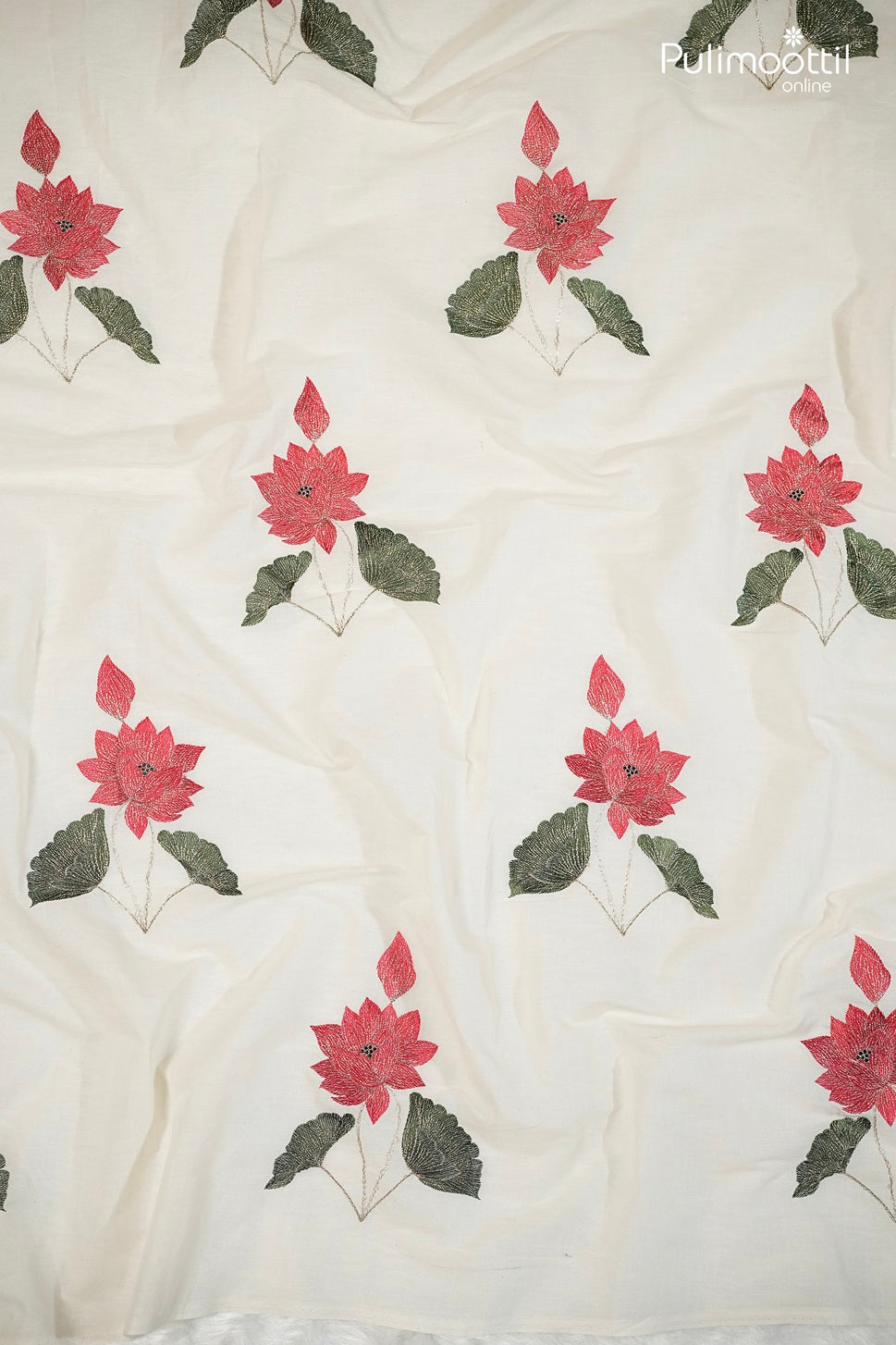 Cream Cotton Fabric with Bright Red Lotus Design