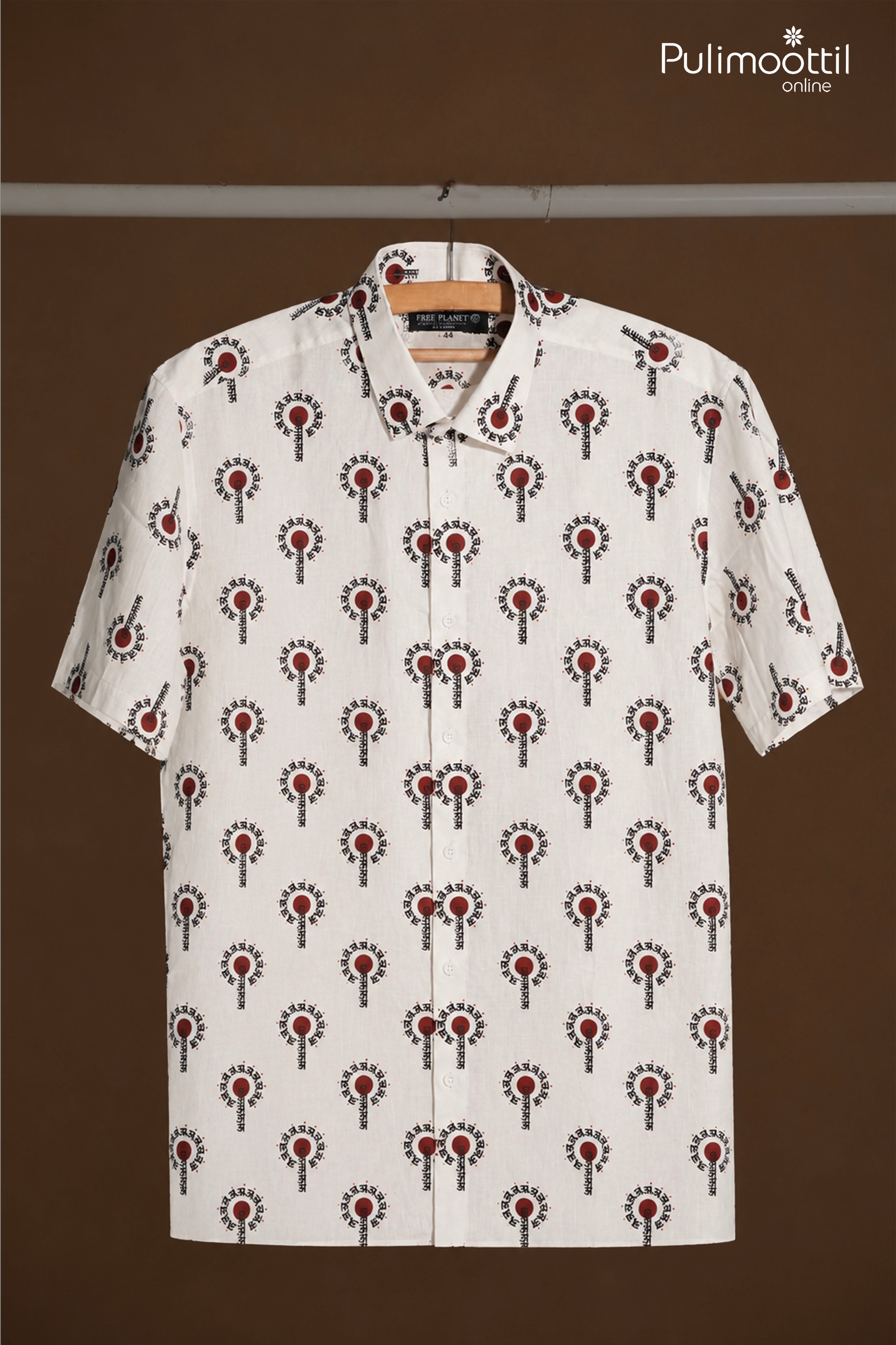 White Half Sleeve Mens Shirt With Sanskrit Circular Print