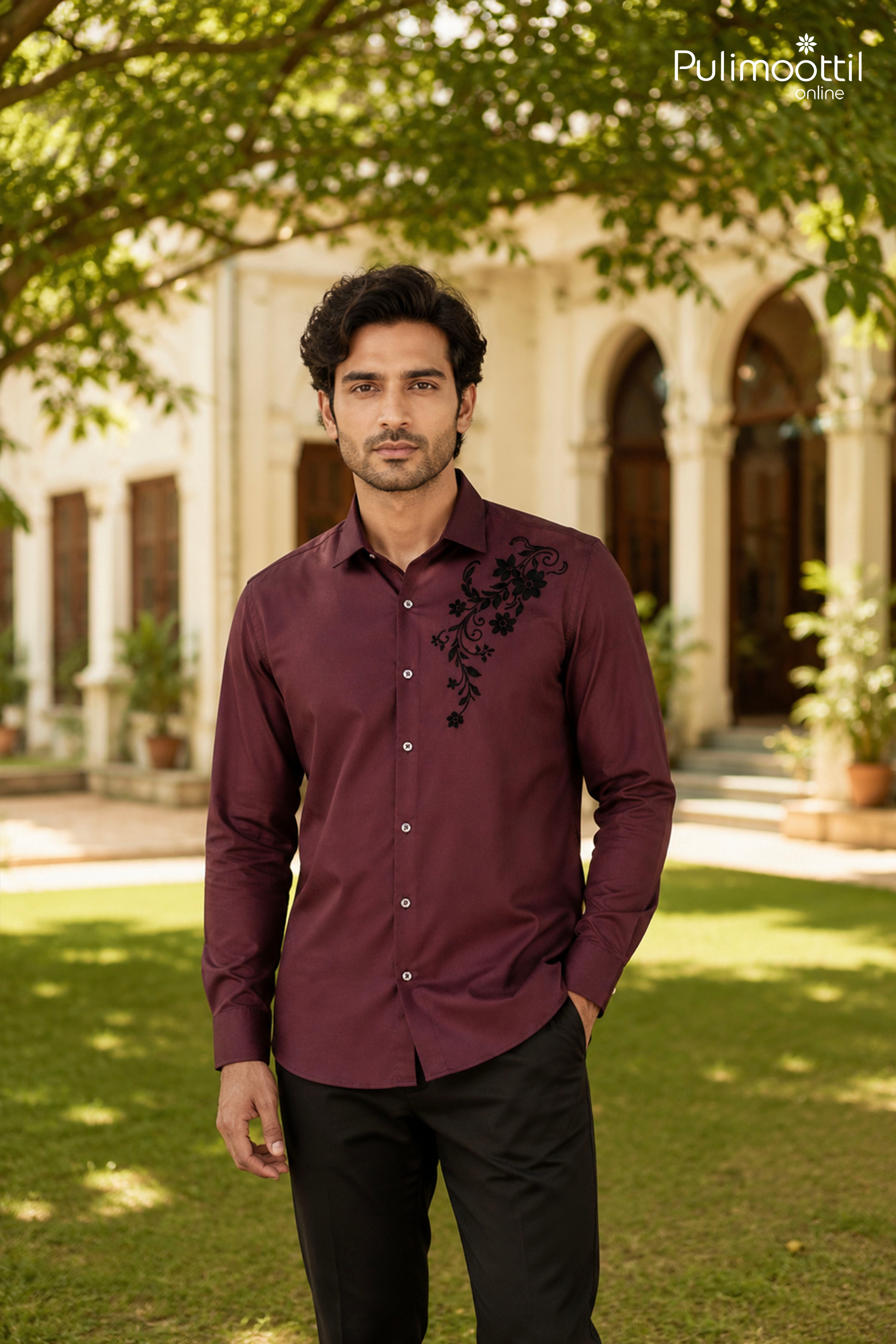 Deep Maroon Color Full Sleeve Mens Shirt With Floral Vine Embroidery