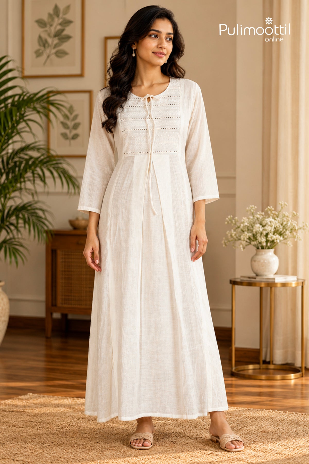 Offwhite Colour Crushed Chanderi A-Line Kurti