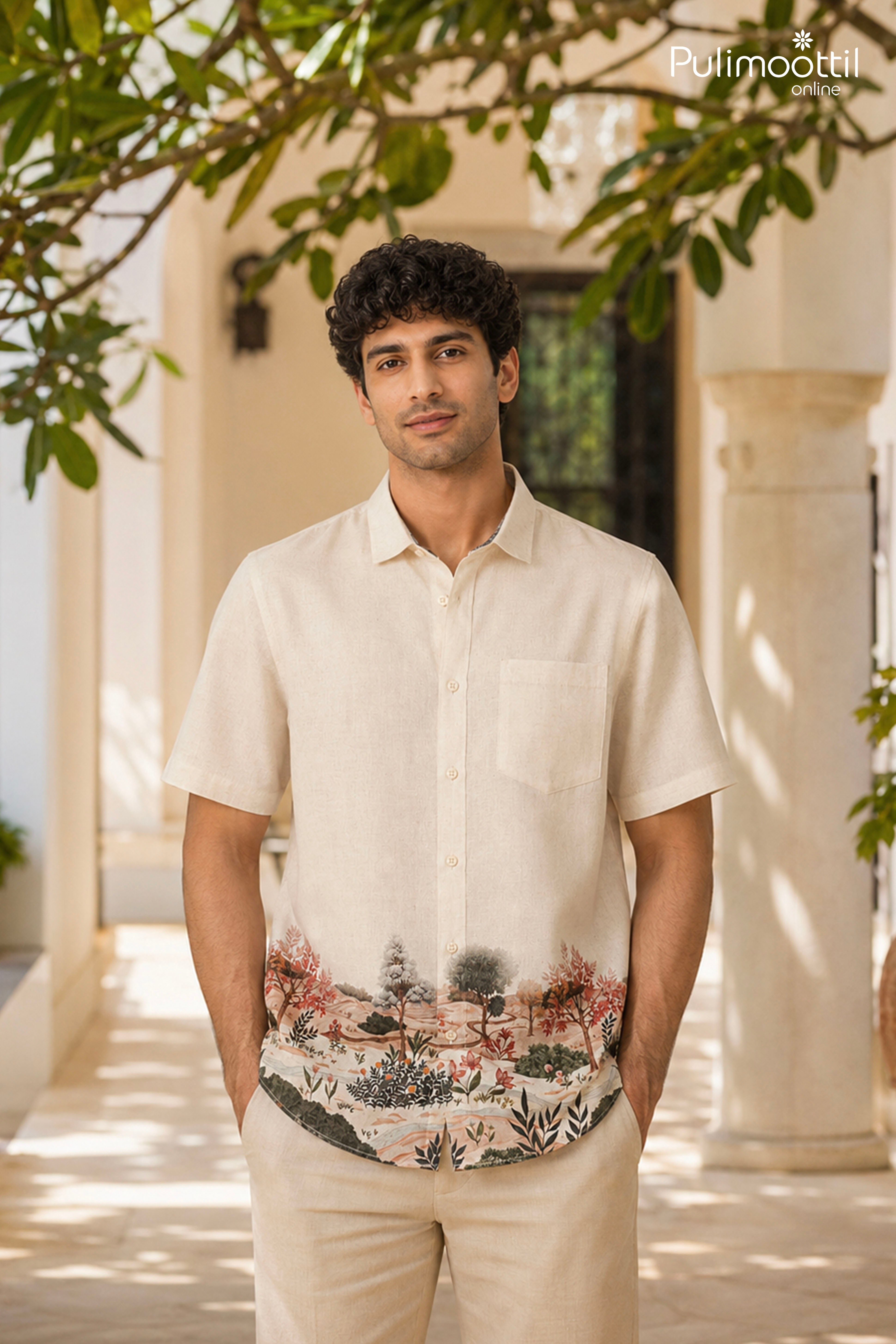 Off White Color Half Sleeve Mens Shirt With landscape Print